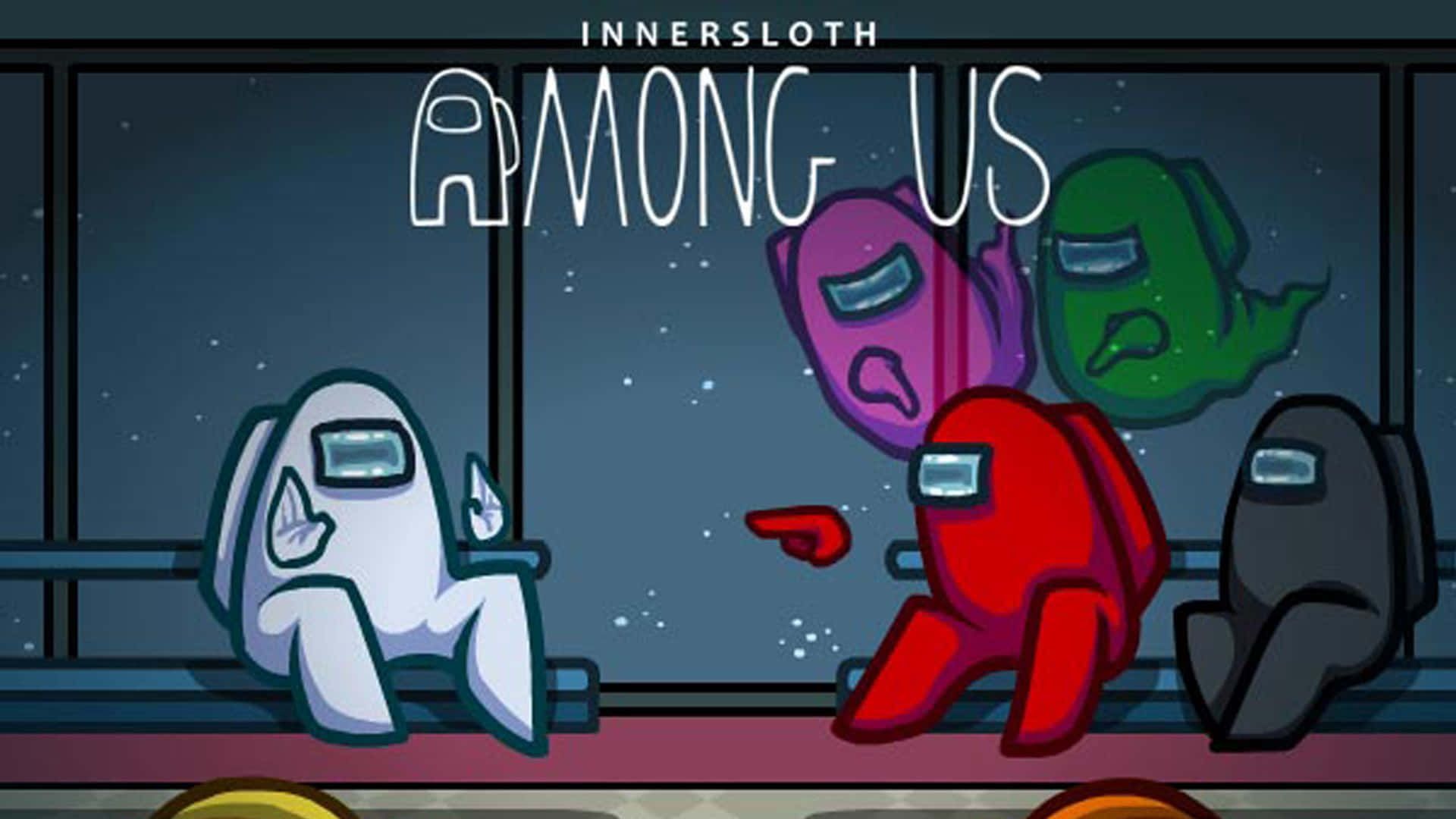 加入這趟美學風格的《Among US》冒險之旅 壁紙 — 在太空船艙內，背景有星空窗戶的Among Us角色。