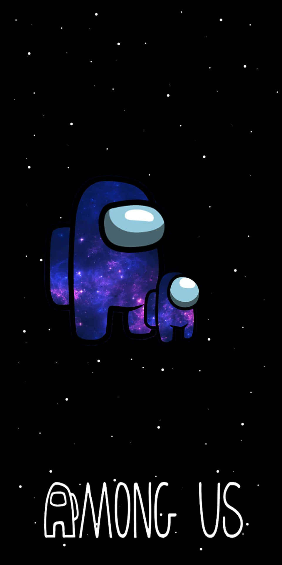 與《Among US》一同遨遊太空的美學之旅 壁紙 — 兩個 Among Us 角色在星空宇宙中漂浮，身穿銀河圖案套裝和發光頭盔。