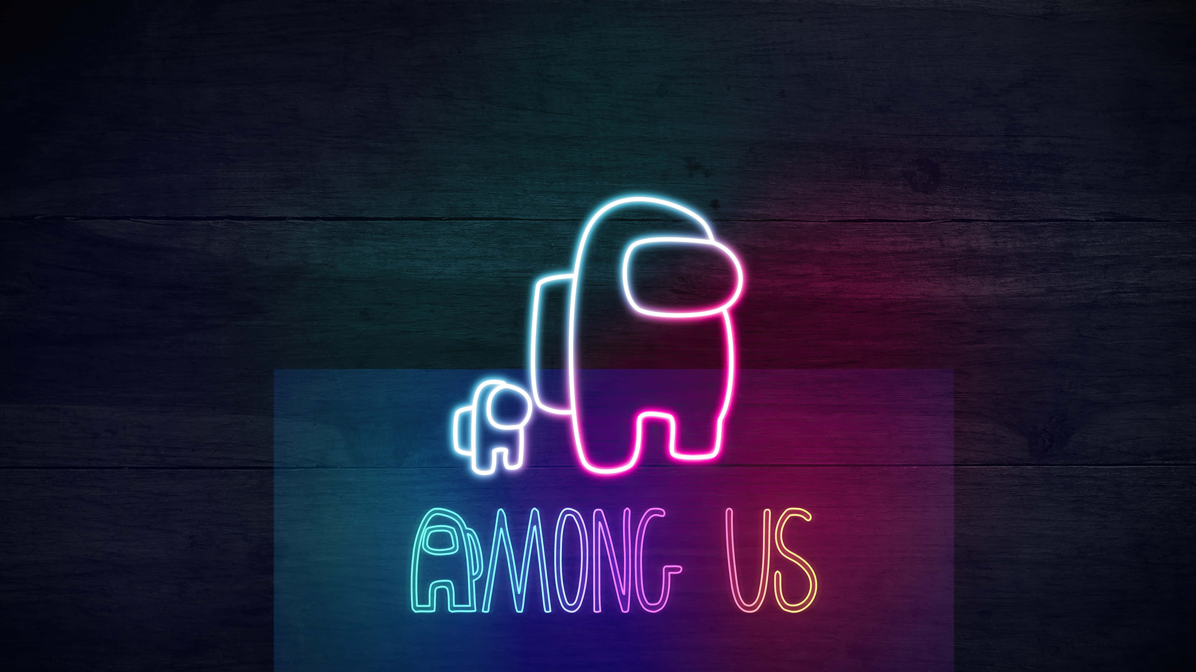 Among US 霓虹燈角色圖 壁紙 — Among Us 角色在深色木牆上發光的鮮豔霓虹燈牌，帶有彩色漸變燈光。