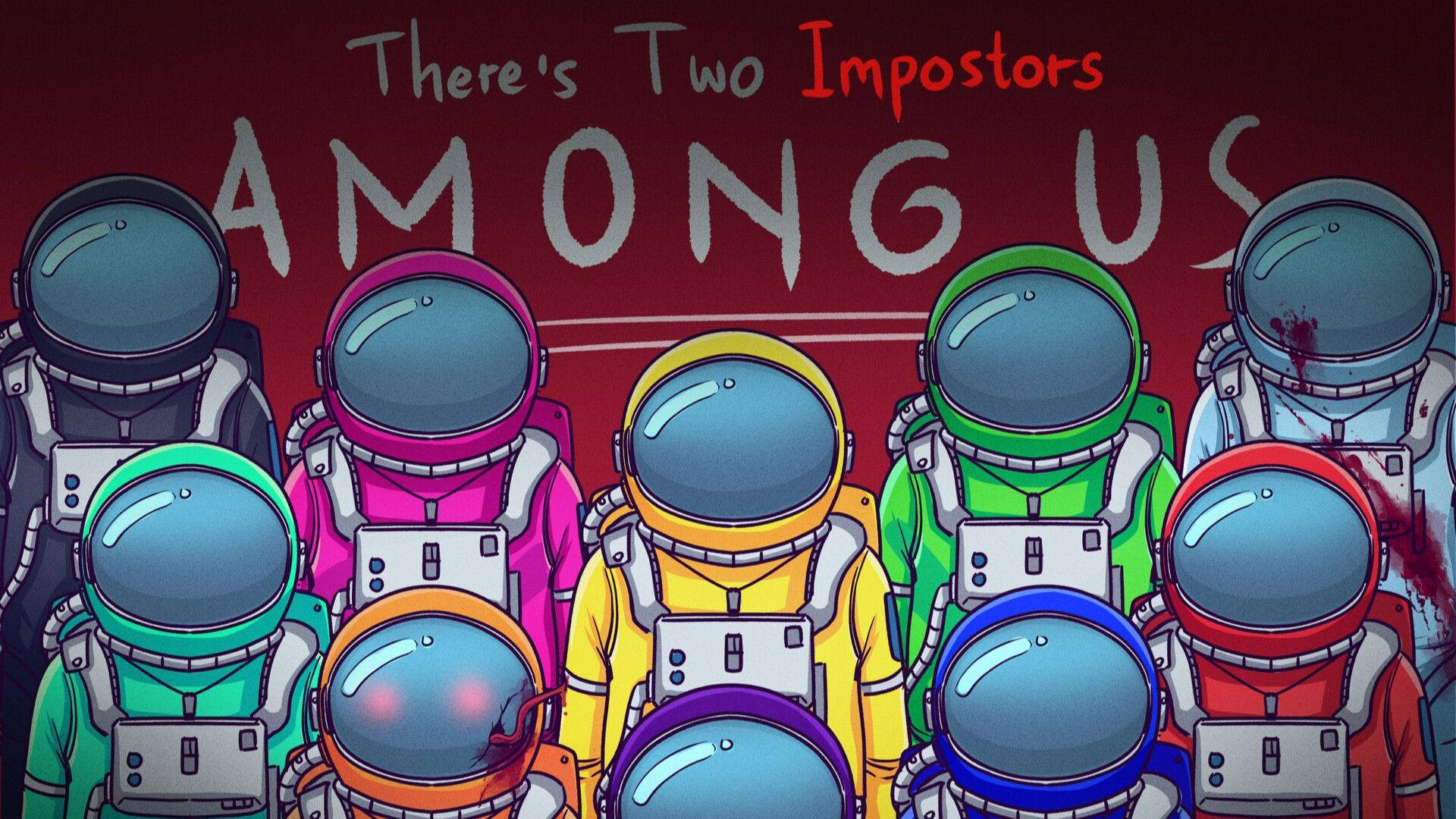 Among US 遊戲中的宇航員角色 壁紙 — 一群色彩繽紛的卡通太空人在太空船內，紅色牆上寫有「There's Two Impostors AMONG US」文字。