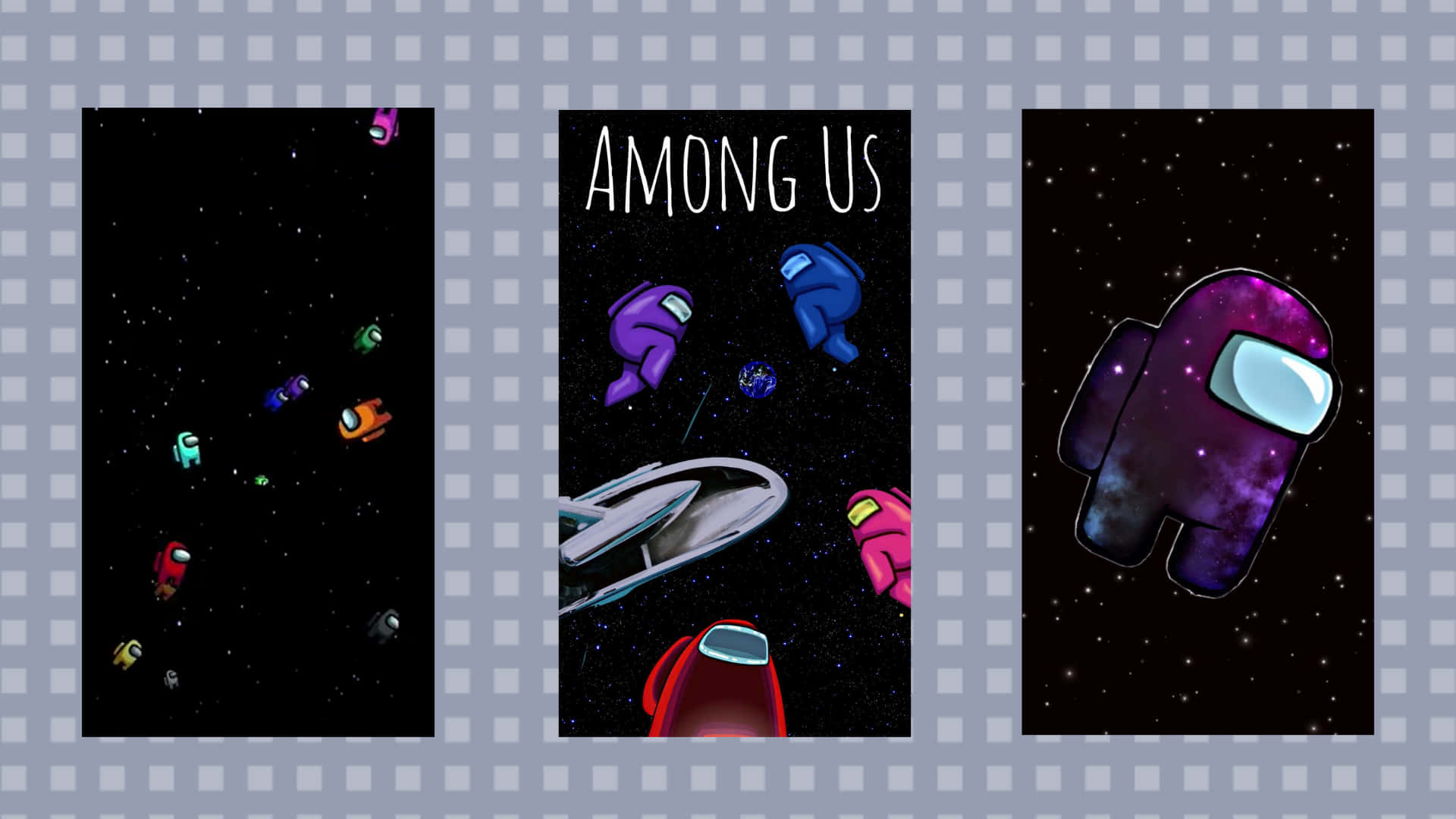 Among US 遊戲剪貼圖酷炫照片背景 壁紙 — 三個Among Us角色在星空背景下漂浮於太空，附有太空船和遊戲標題。