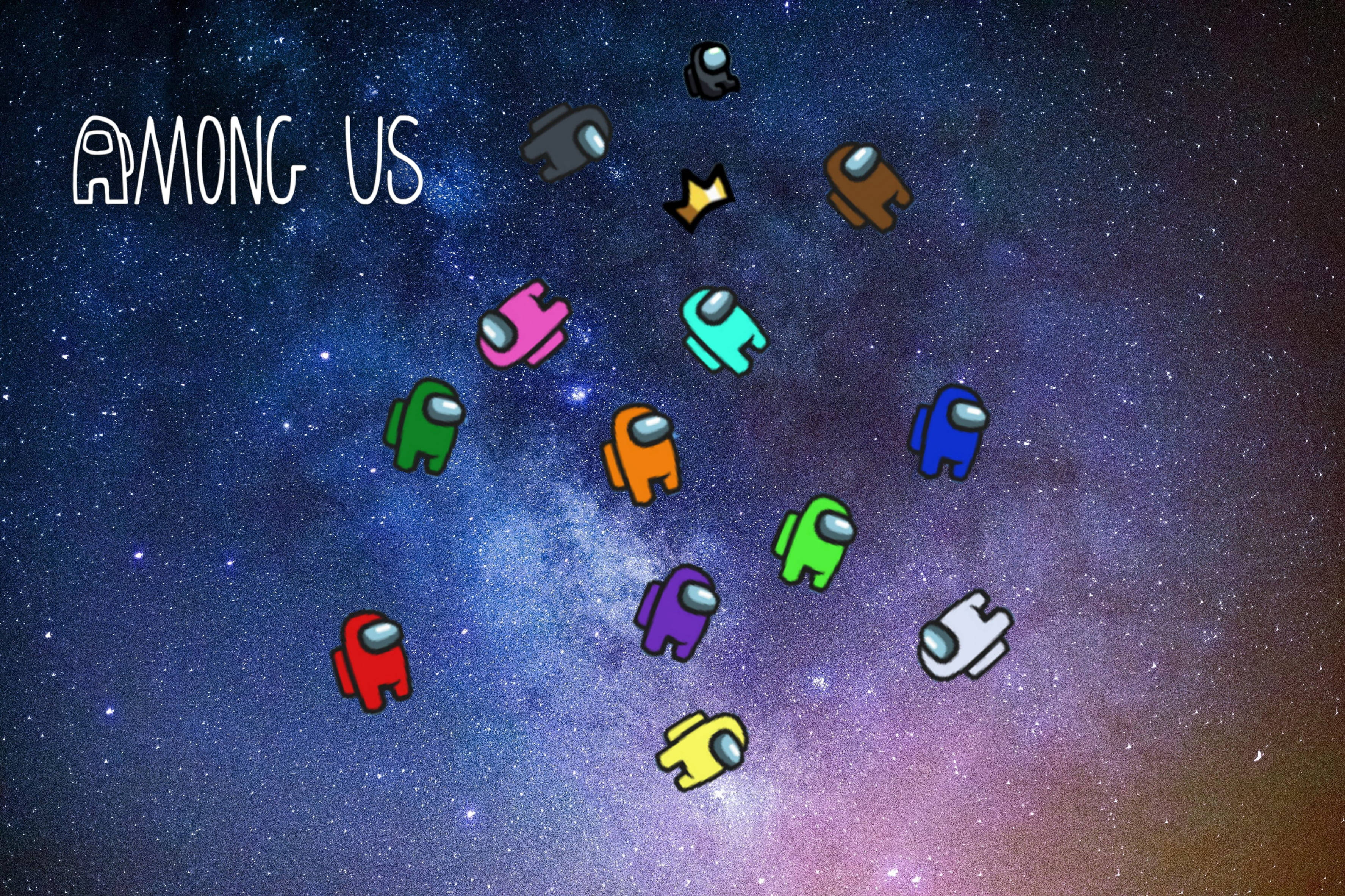 迷你 Among US 太空 壁紙 — 色彩繽紛的Among Us船員漂浮在充滿活力的星空銀河中，遊戲標題以白色文字顯示。