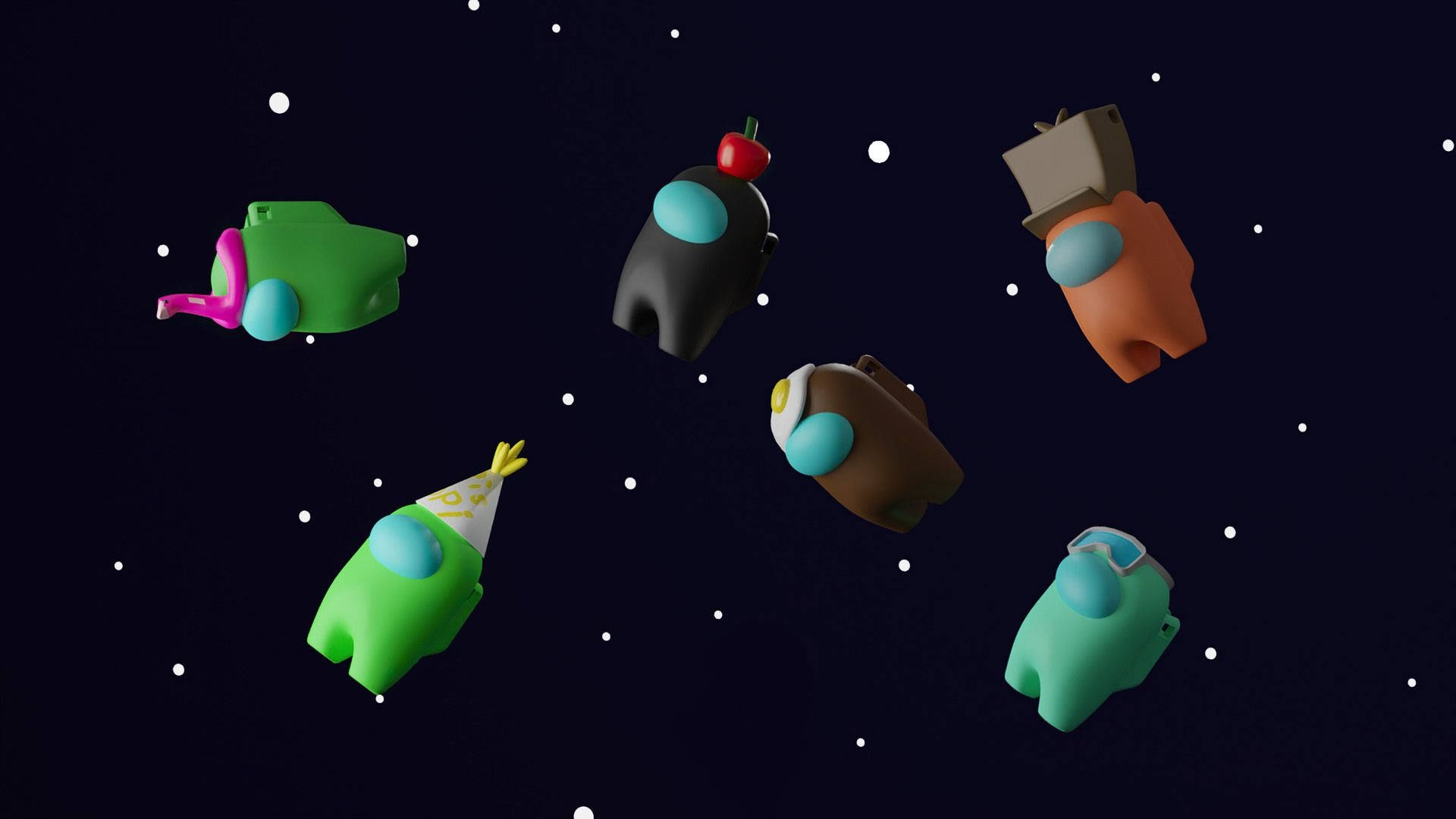Among Us漂浮太空 壁紙 — 六個色彩繽紛的Among Us角色在星空宇宙中漂浮，各自戴著不同的帽子和配件。