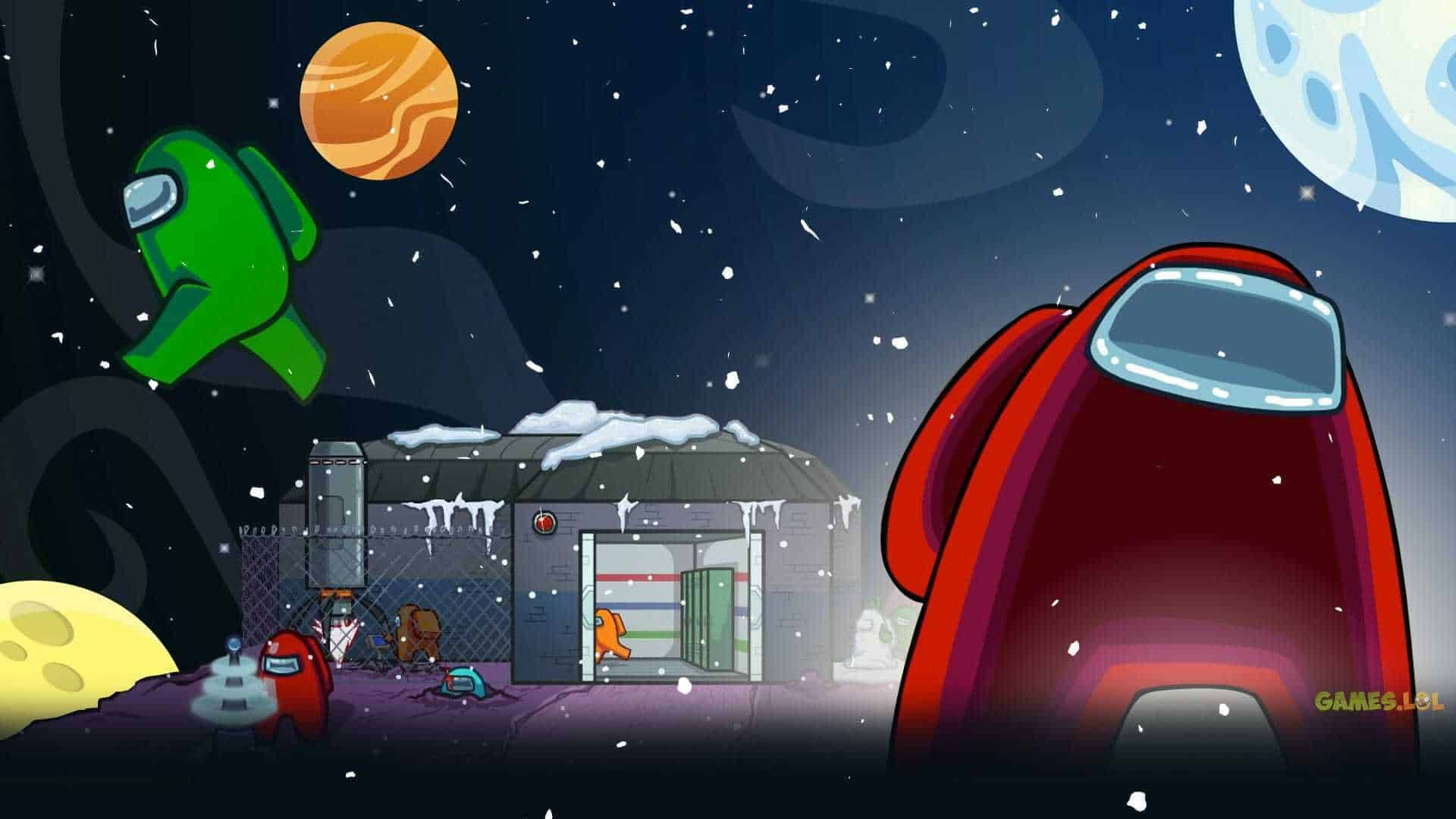 在一個被雪覆蓋的太空站外的綠色和紅色太空人的宇宙場景。