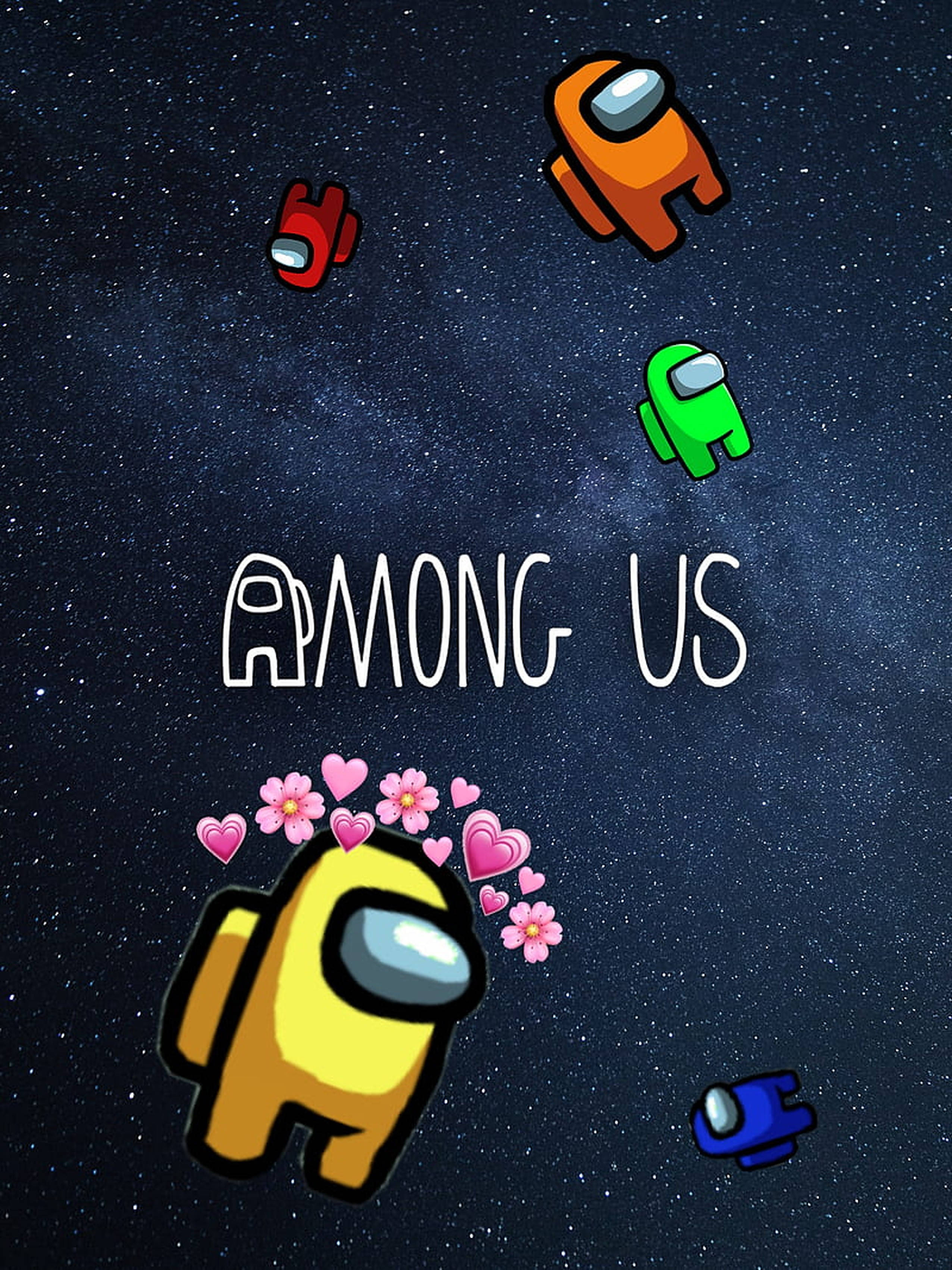 Among US 太空配 Emoji 壁紙 — 色彩繽紛的Among Us角色在星空漂浮，粉紅心形和花朵圍繞著黃色船員。