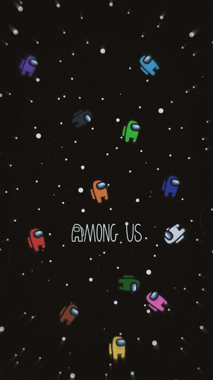 Among Us角色在太空中漂浮，伴有星星和遊戲標題。