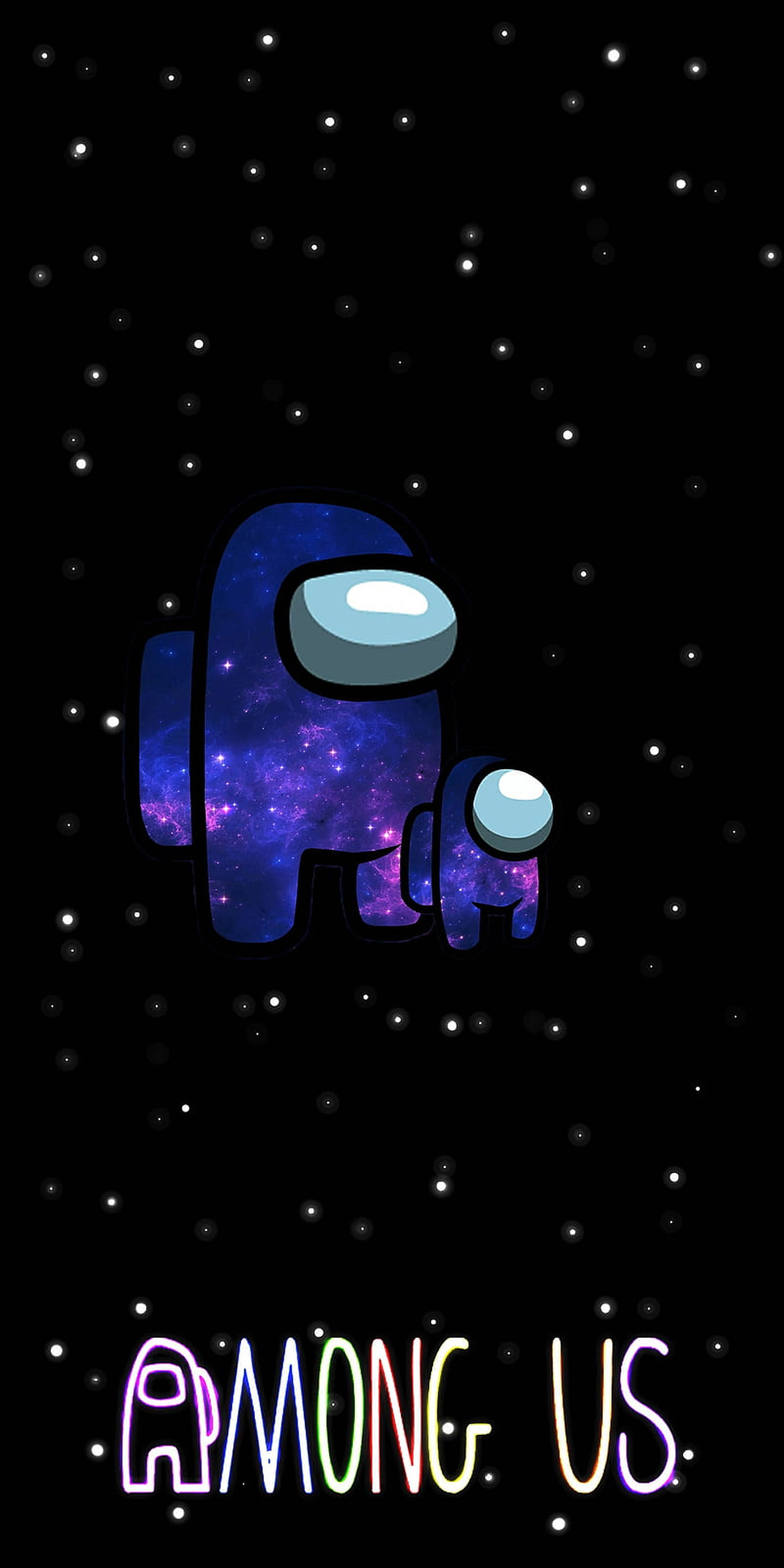 Among US 星際雙人組 壁紙 — 一個發光的藍色Among Us角色漂浮在星空銀河系中，下方有一個較小的同伴，底部有彩色霓虹文字。