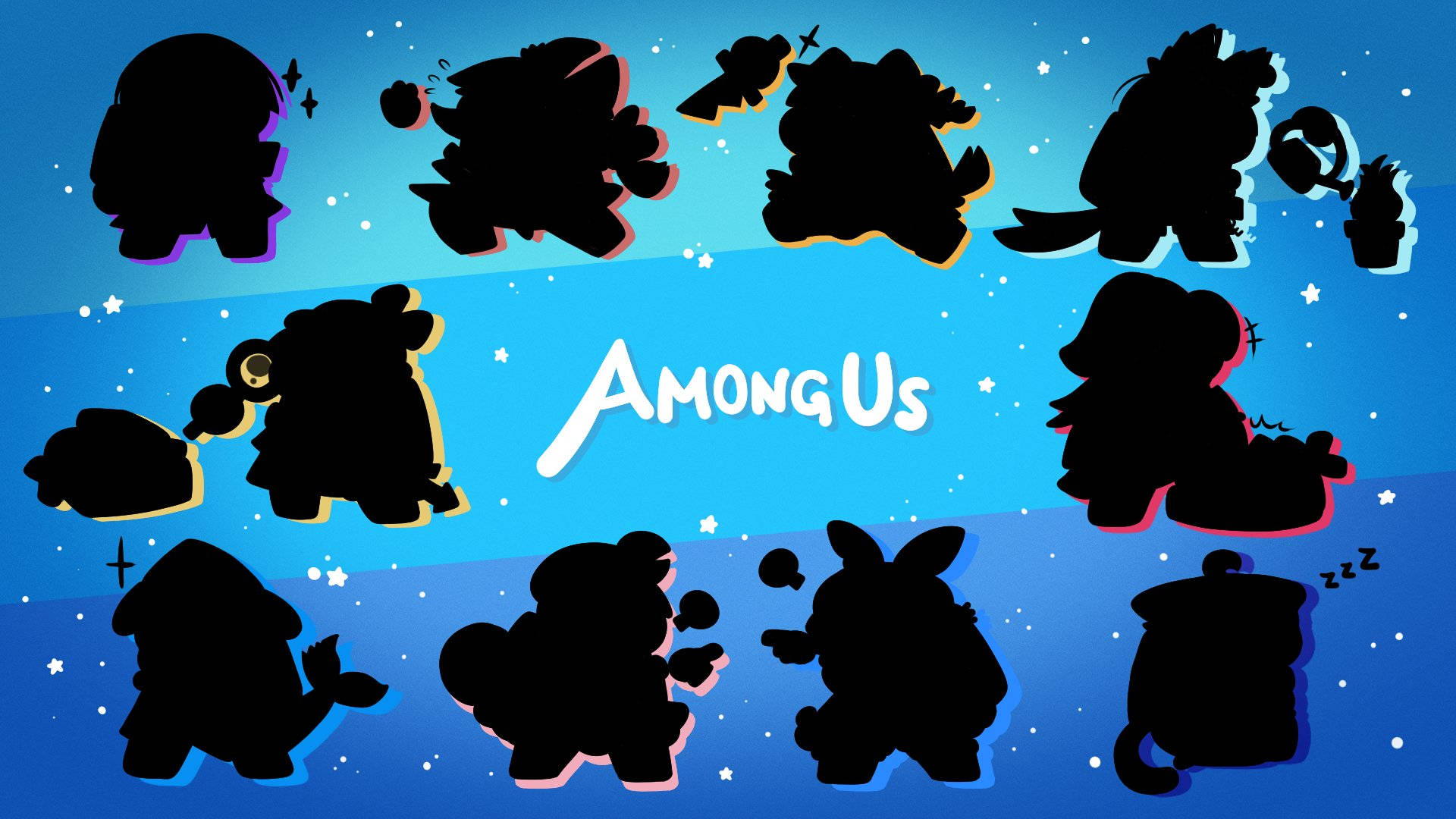 Among Us 角色以黑色剪影形式漂浮在星空藍色空間中。