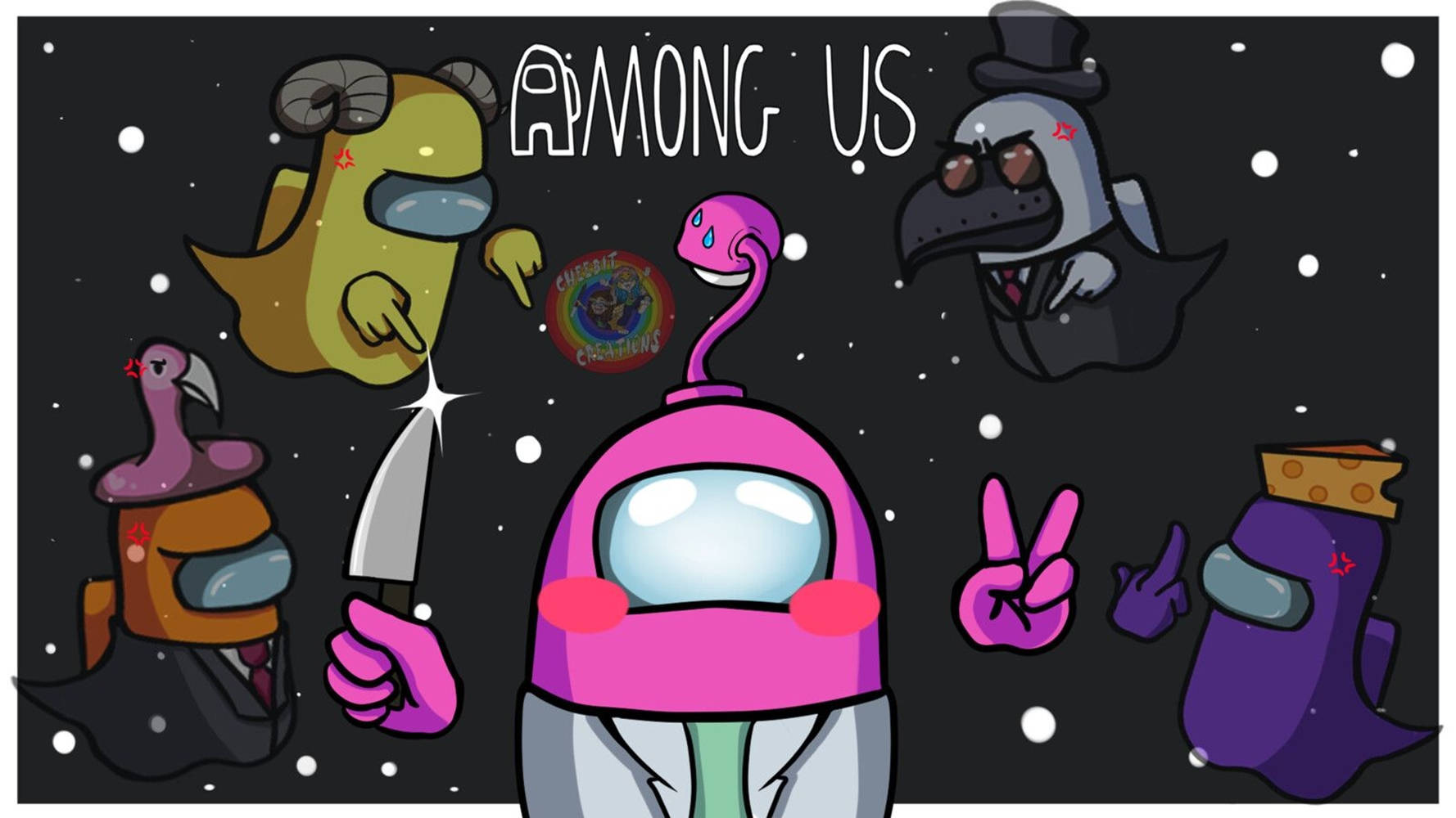 Among US 粉紅偽裝者美學 壁紙 — 一群色彩繽紛的Among Us角色在太空中，有星星和一把刀，擺出和平手勢並指著。