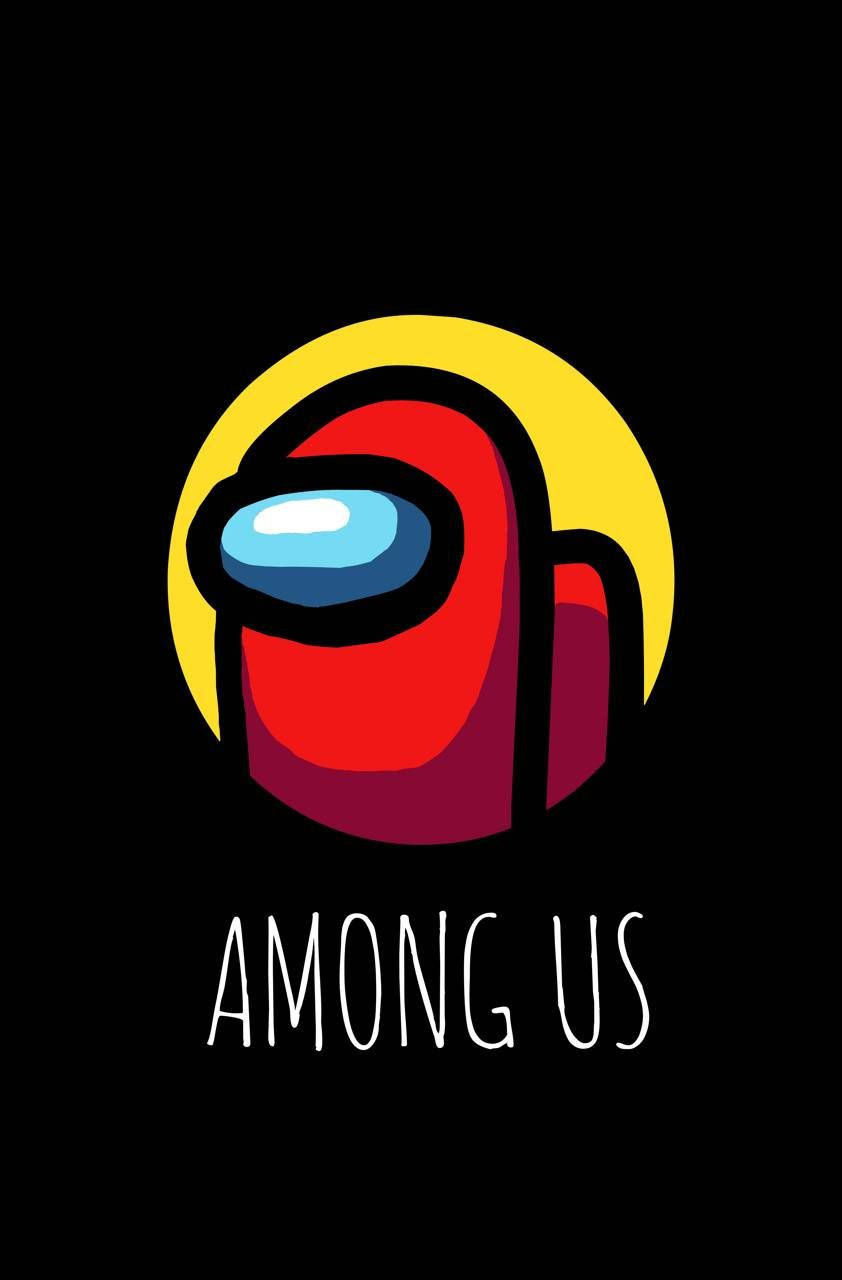 Among US 紅色標準圖標 壁紙 — Among Us 嘅紅色船員企喺黑色背景前面，後面有個黃色太陽，下面有遊戲標題。