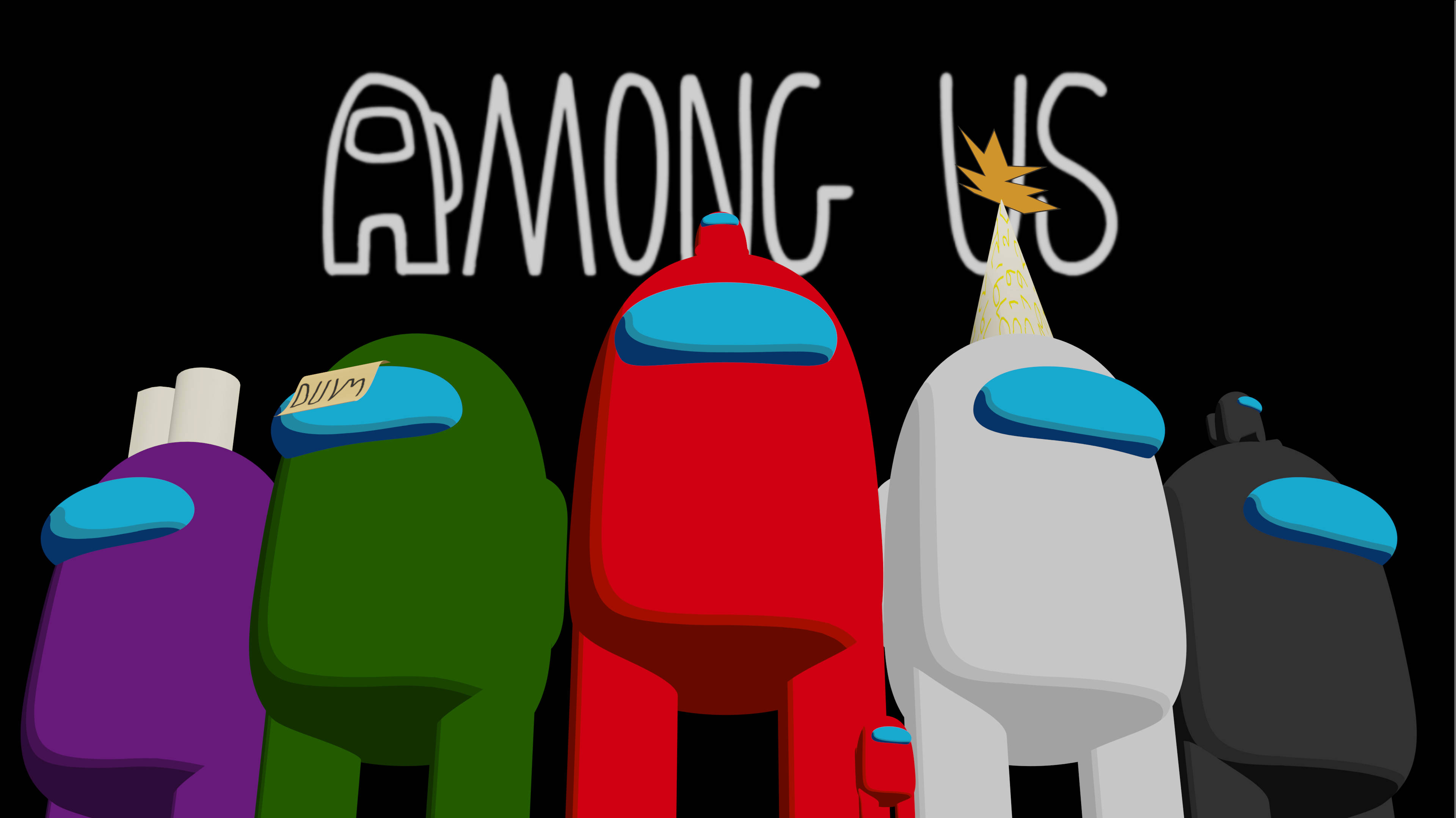 Among US 紅色與其他船員 壁紙 — 五個色彩繽紛的 Among Us 角色在黑色背景前站成一排，遊戲標題在他們上方。