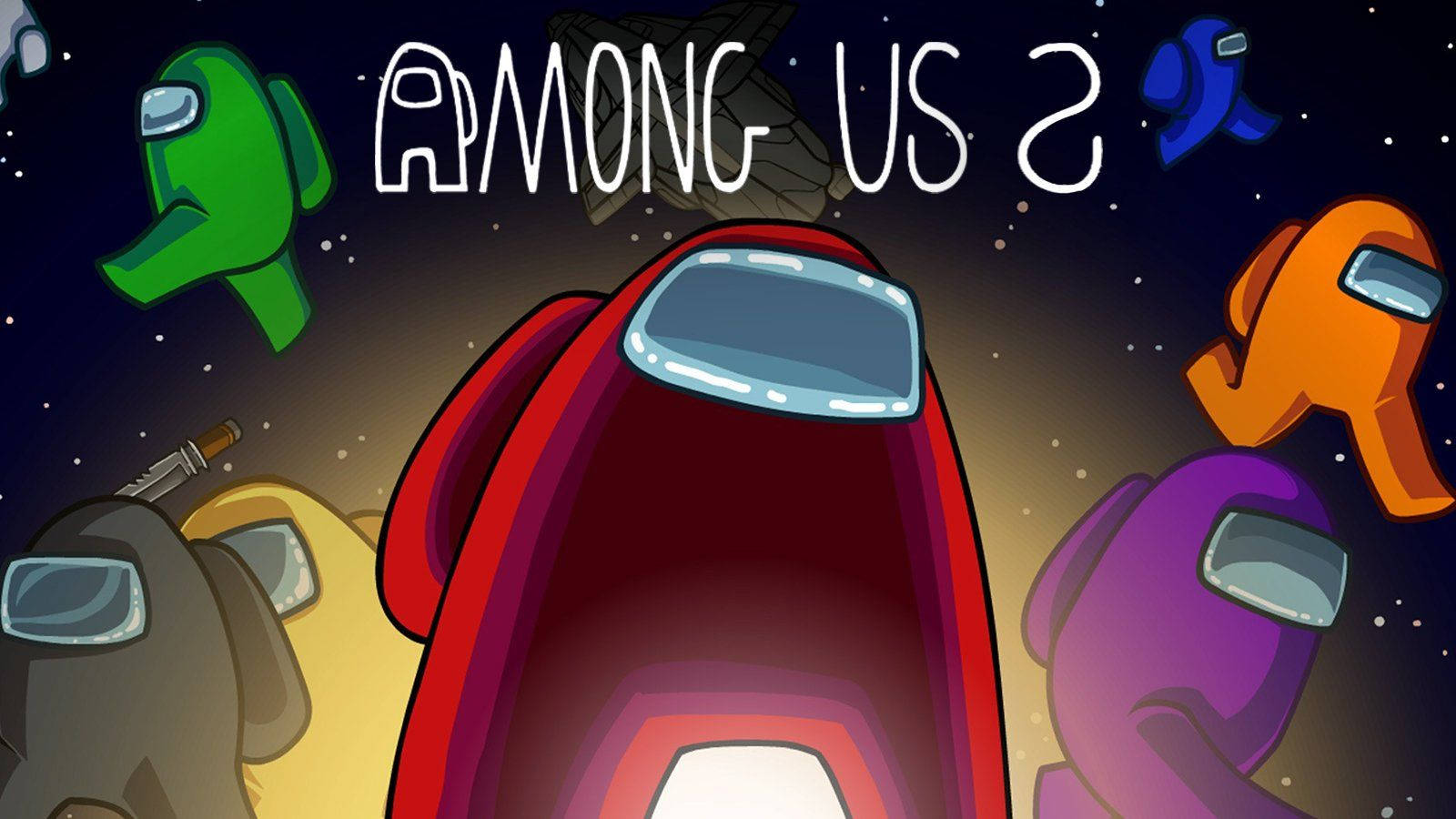 Among US 紅色角色居中巨像 壁紙 — 色彩繽紛的Among Us角色在星空宇宙背景下漂浮，並帶有遊戲標題文字。