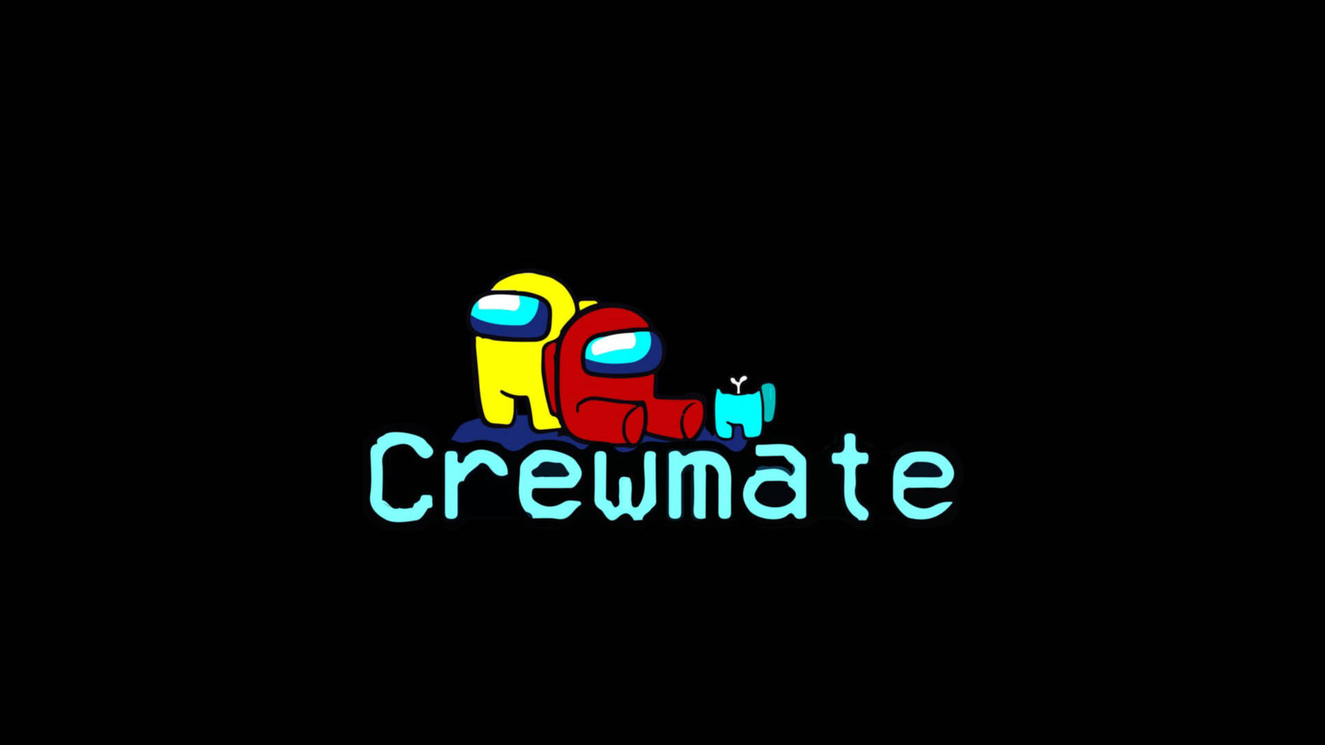 三個 Among Us 角色穿著太空衣，眼睛發光，黑色背景上有青色文字寫著 'Crewmate'。
