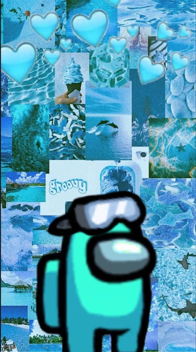 Among US 藍色角色 — 張力滿滿的遊戲瞬間 壁紙 — 一個戴著太陽眼鏡的藍綠色Among Us角色站在藍色海洋場景和漂浮心形的拼貼畫前。