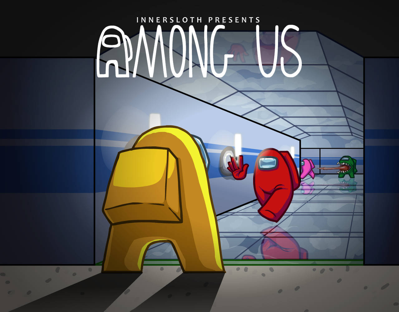Among US 走廊逃亡美學 壁紙 — 一名黃色船員站在太空船走廊，一名紅色船員透過玻璃牆揮手，而一名綠色冒充者潛伏在後面。