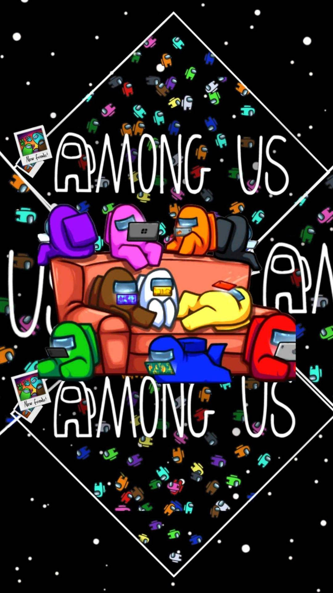 Among Us角色在太空中的沙發上放鬆，並有遊戲標題文字。