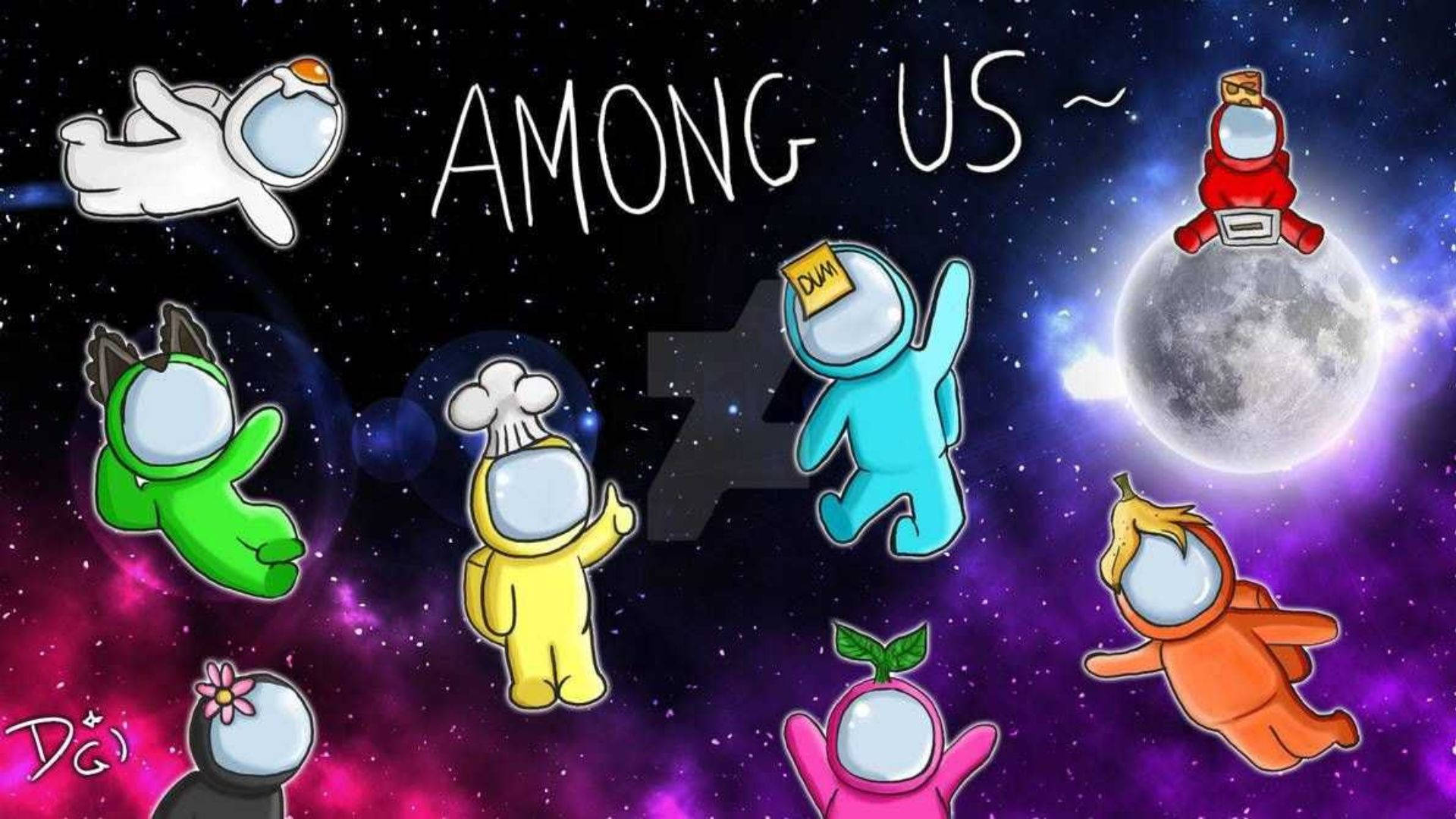 Among Us角色在太空中漂浮，背景有月亮和彩色星雲。