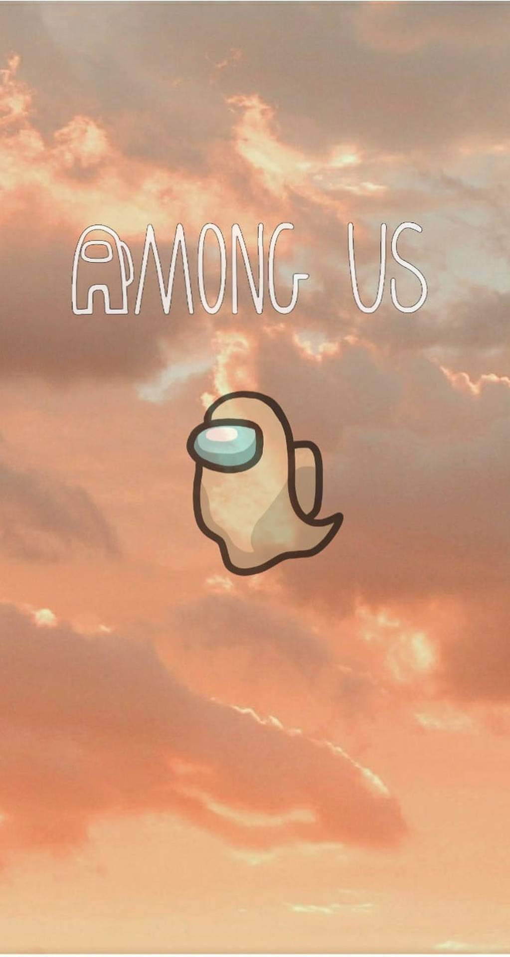 Among Us船員漂浮在粉紅和橙色日落天空上，帶有遊戲標題文字。 — 美學版 among US GIF 壁紙