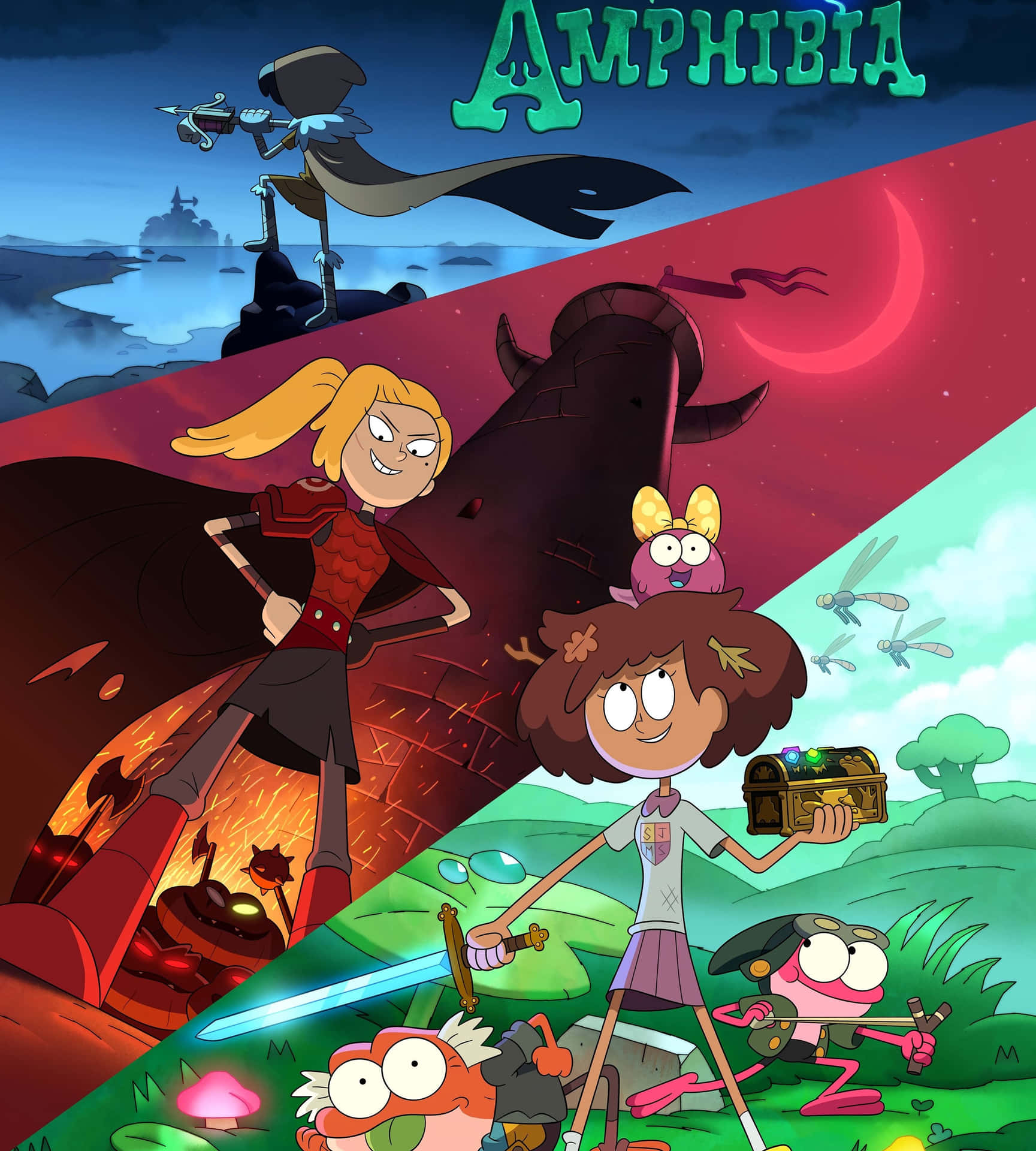 《Amphibia》角色在新月下處於危險與冒險的分割場景中。