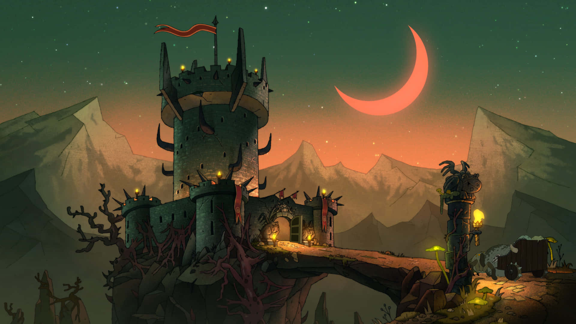 暮色中新月下，一座帶有發光燈籠的黑暗奇幻城堡。