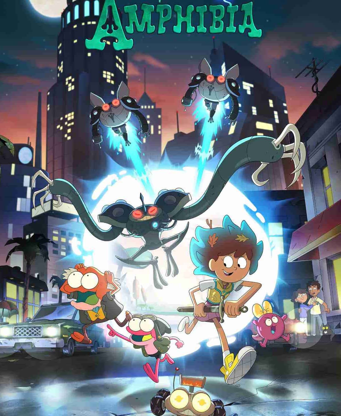 《Amphibia》中的角色在夜間城市中逃離外星怪物。