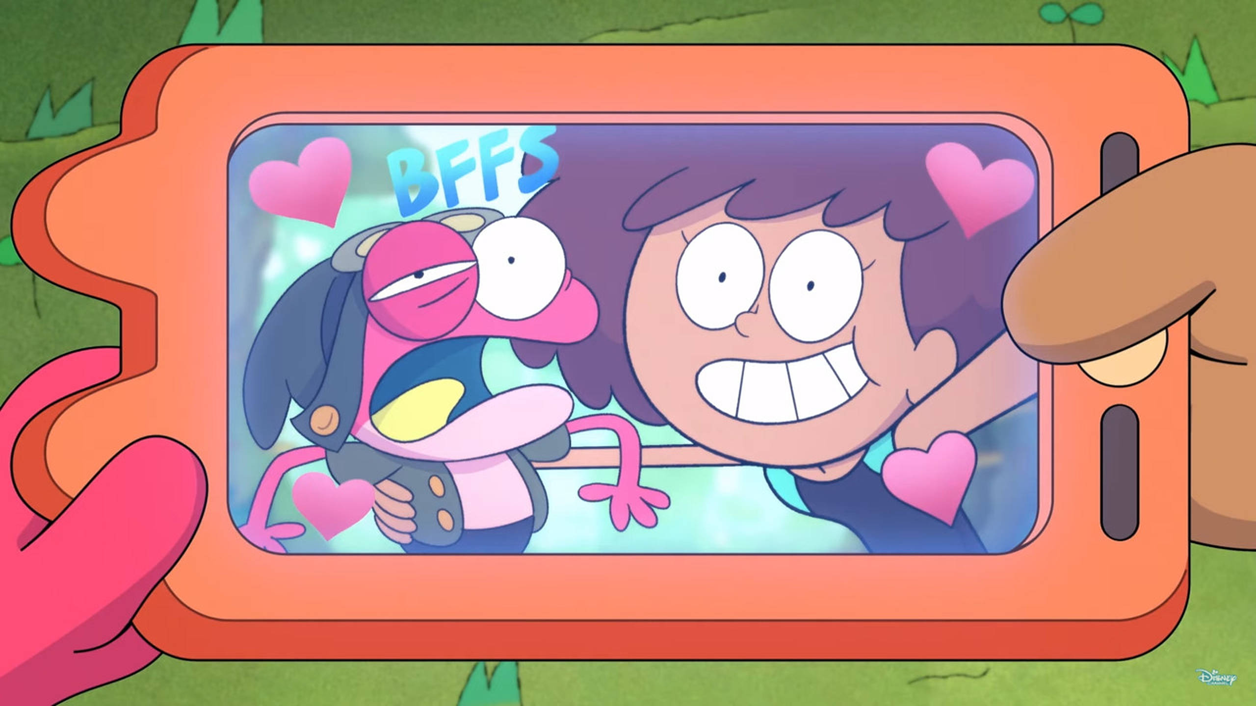 《Amphibia》自拍 壁紙 — 兩個卡通朋友喺電話自拍中開心咁笑，周圍有心形同『BFFS』文字發光。