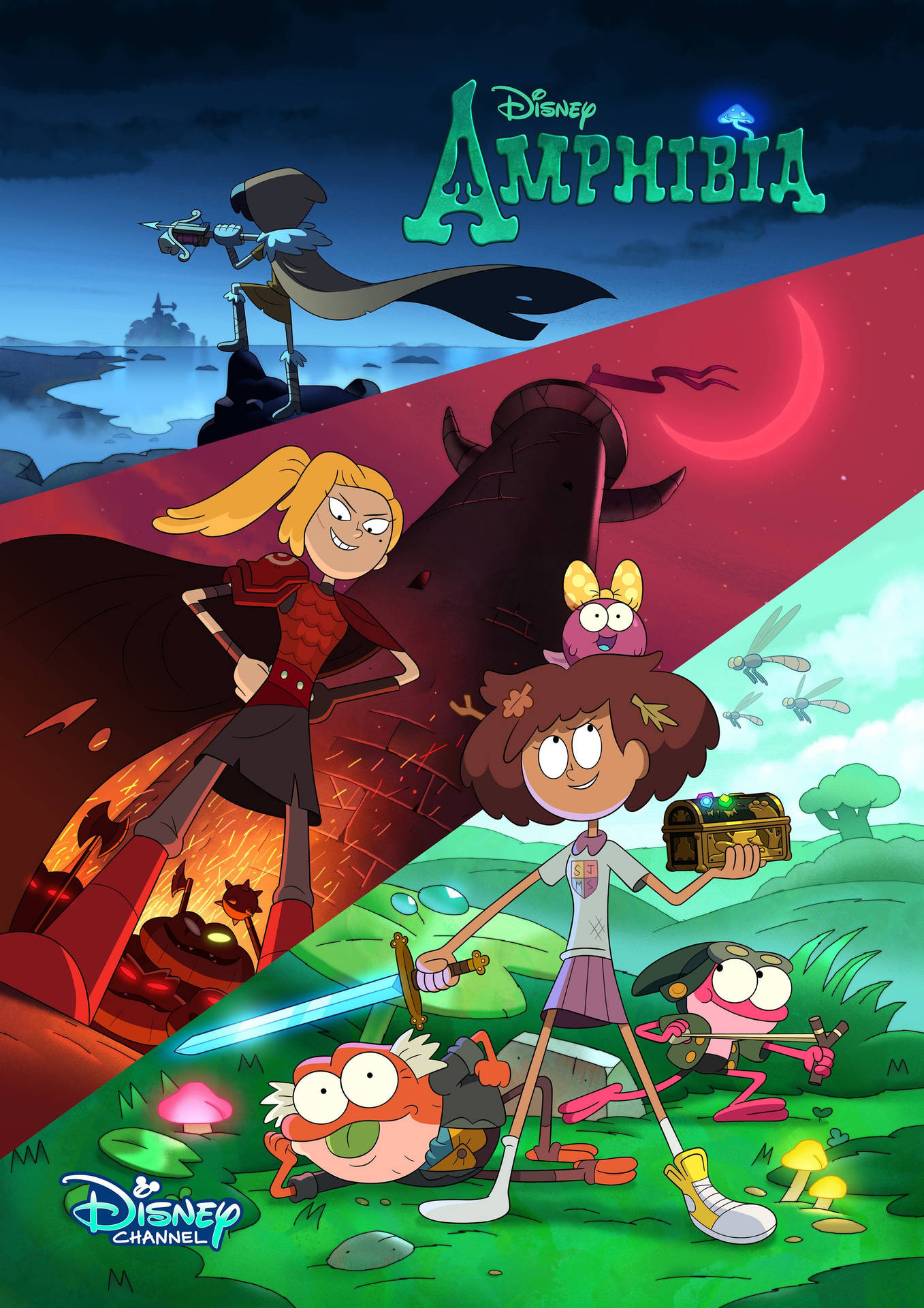 《Amphibia》角色在月亮下的熔岩和森林奇幻冒險場景中。