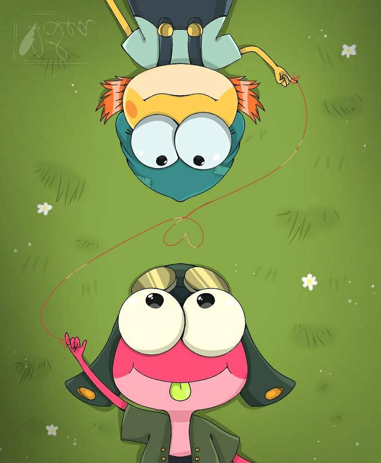 《Amphibia》斯普里格與艾薇躺在草地上 壁紙 — 兩個卡通角色在長滿白色花朵的草地上開心地跳繩，背景是明亮的綠色天空。