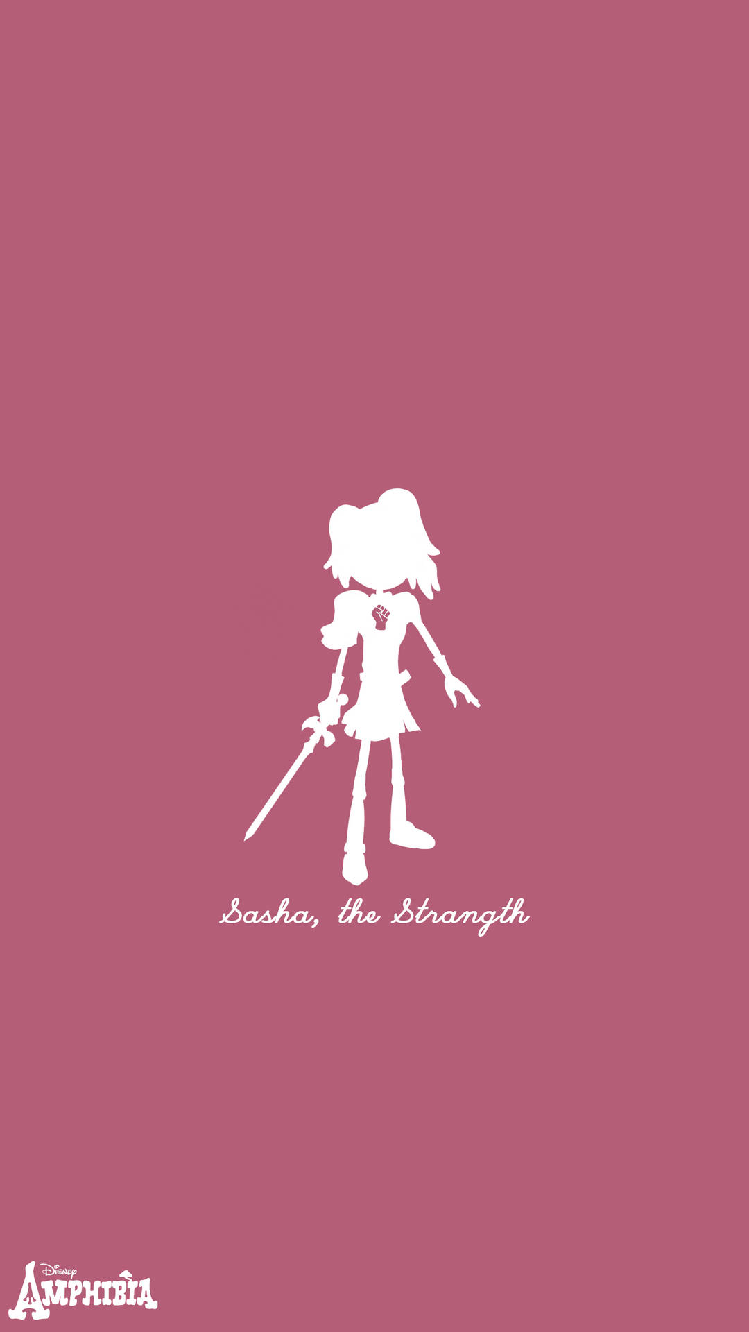 來自《Amphibia》的莎莎（Sasha）白色剪影，在粉紅色背景上手持劍。