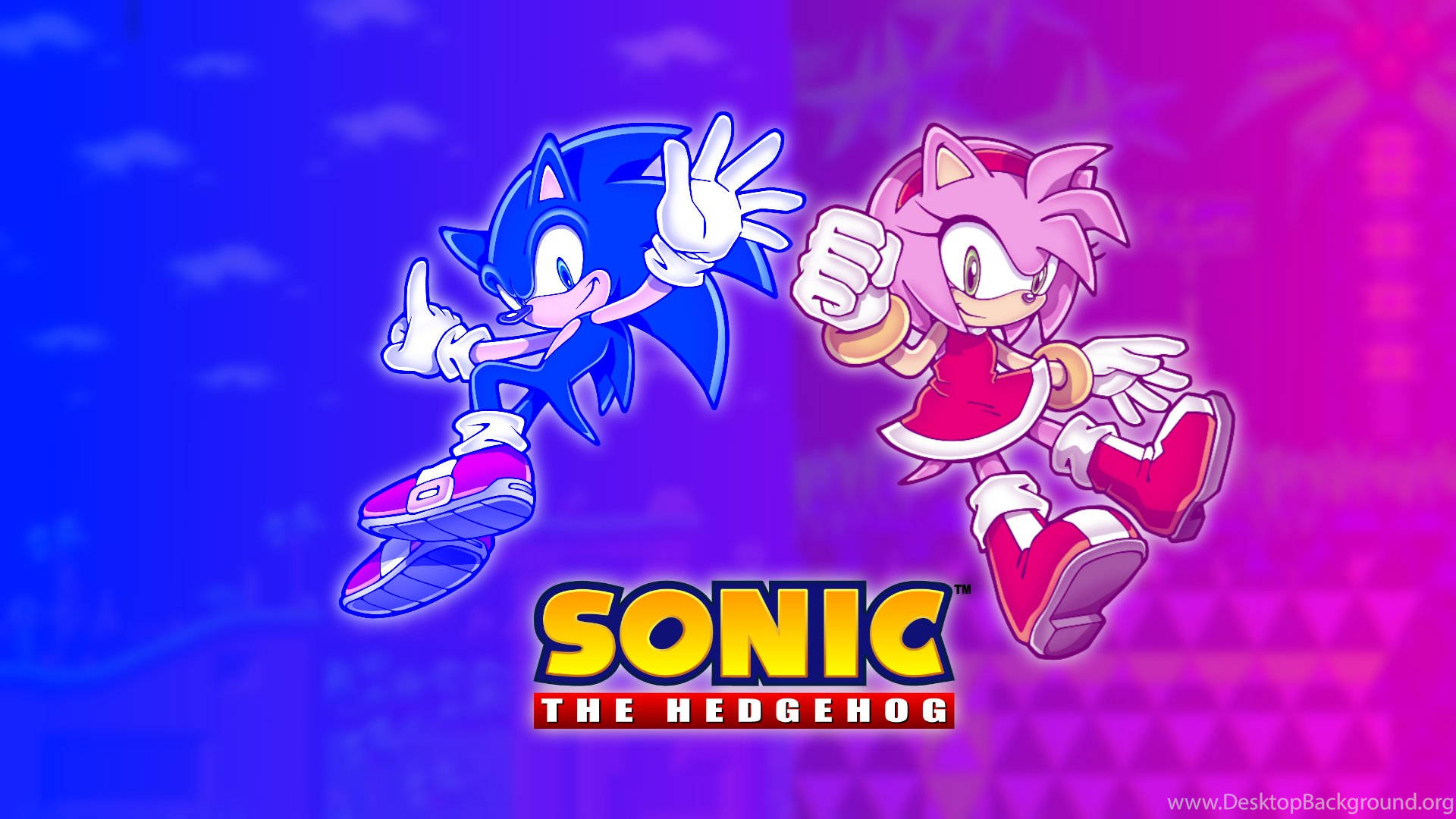 Amy Rose 索尼克刺猬 壁紙 — 《超音鼠》中的索尼克和艾咪·羅斯在充滿活力的藍色和粉紅色漸變背景上動態跳躍。