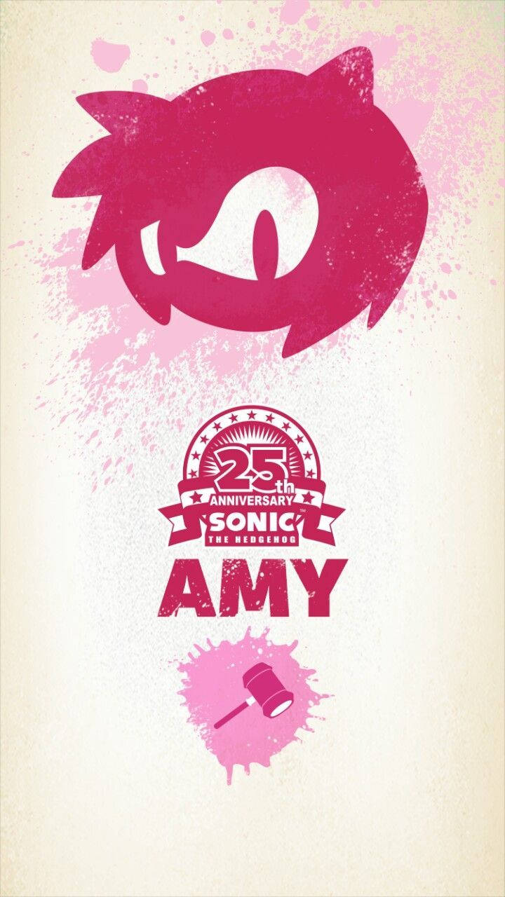 Amy Rose 粉紅剪影 壁紙 — 一個風格化的粉紅色剪影，描繪艾咪·羅斯（Amy Rose）手持錘子和25週年紀念標誌，背景為帶有斑點的奶油色。