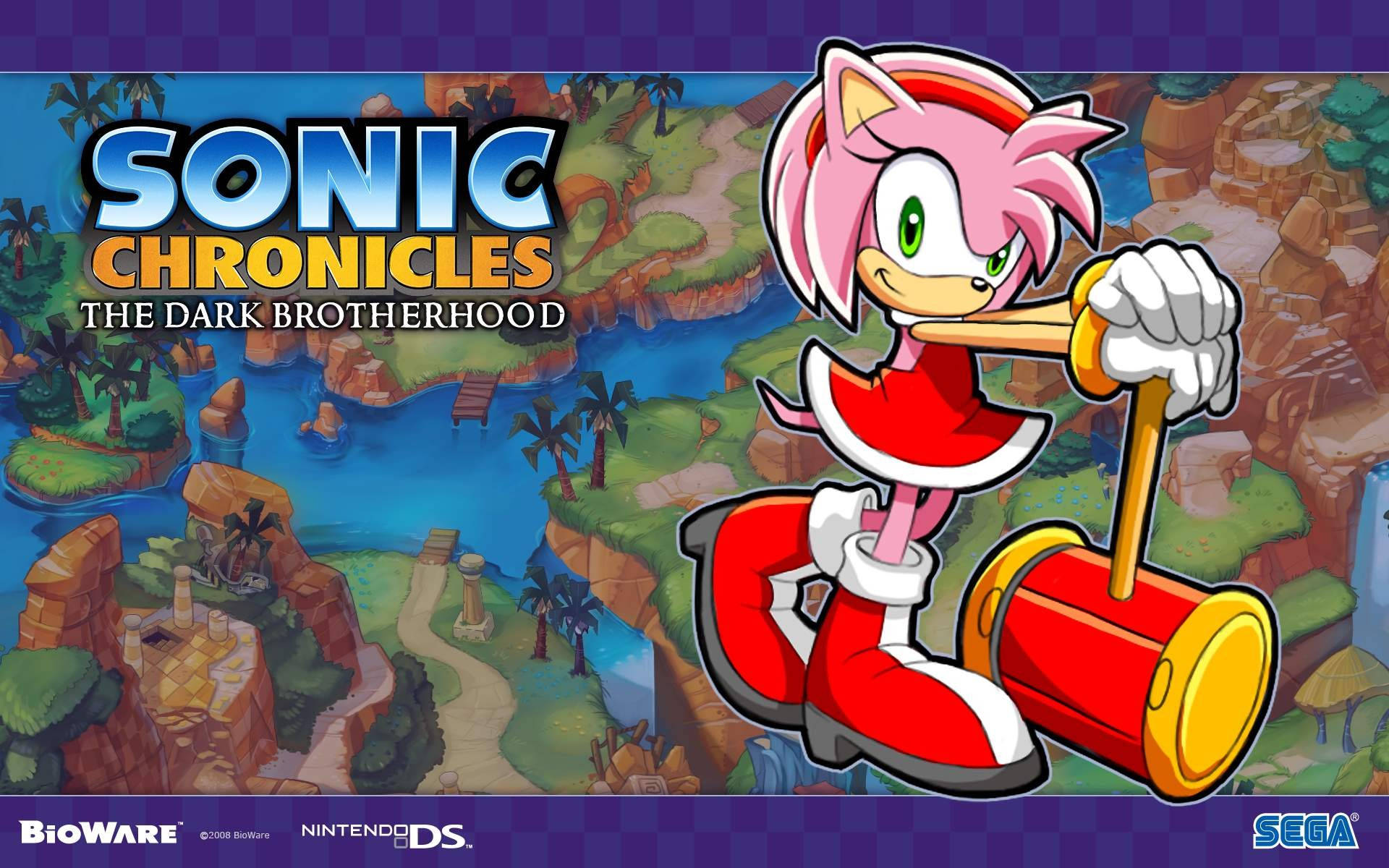 Amy Rose Sonic Chronicles 海報 壁紙 — 粉紅色刺蝟艾咪·羅斯在《索尼克編年史》的鮮明卡通遊戲場景中揮舞著一把大錘子。