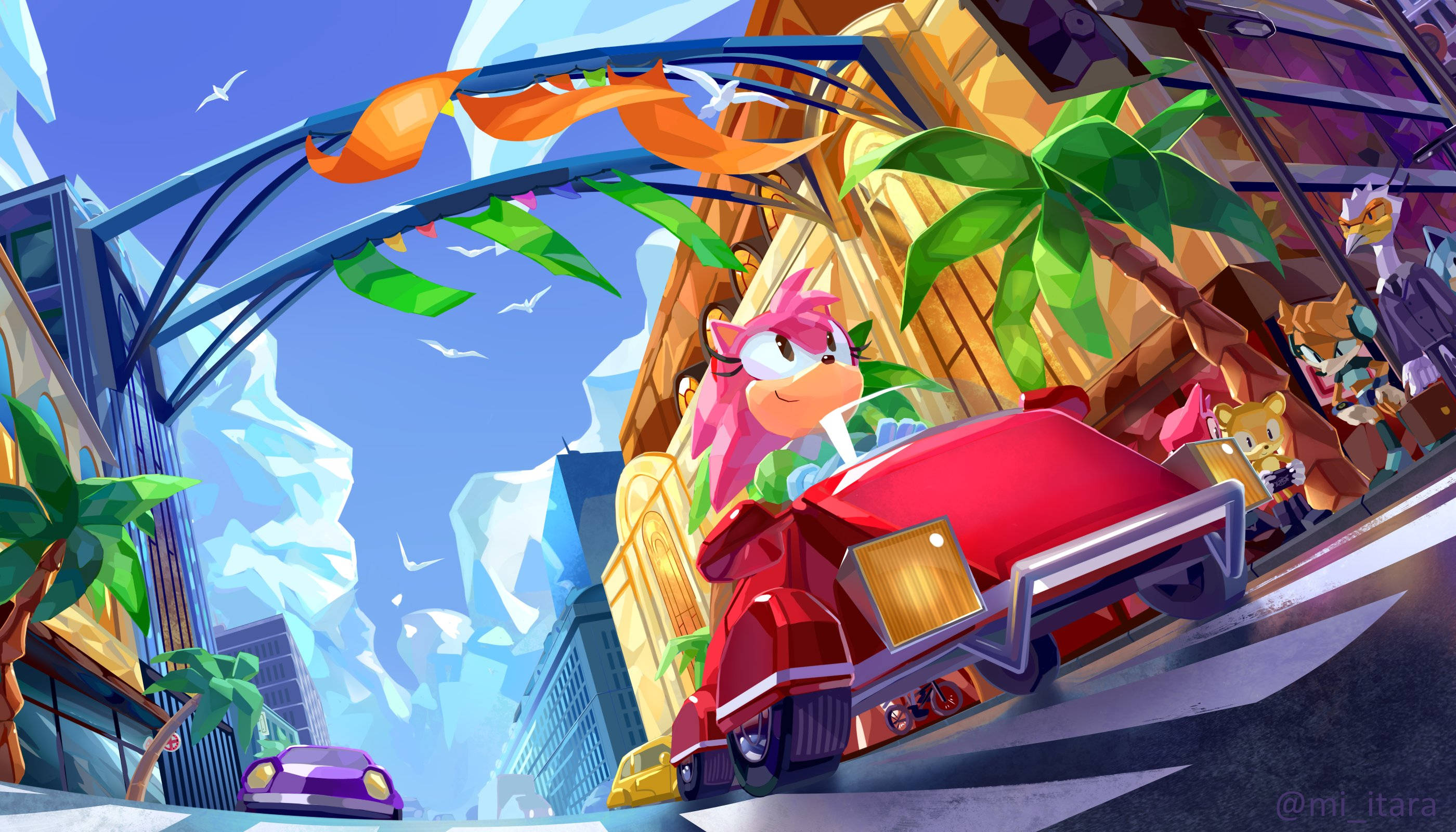 Amy Rose 駕駛 Sonic R 賽車 壁紙 — 一隻粉紅色刺蝟駕駛紅色汽車，在充滿棕櫚樹和浮冰的熱帶城市景觀中競速。