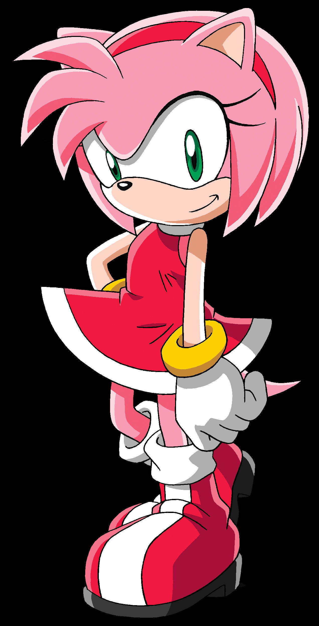 Amy Rose 索尼克X 角色 壁紙 — 粉紅色刺蝟艾咪·羅斯穿著紅色連衣裙和白色手套，在黑色背景前做出俏皮的手指槍姿勢。