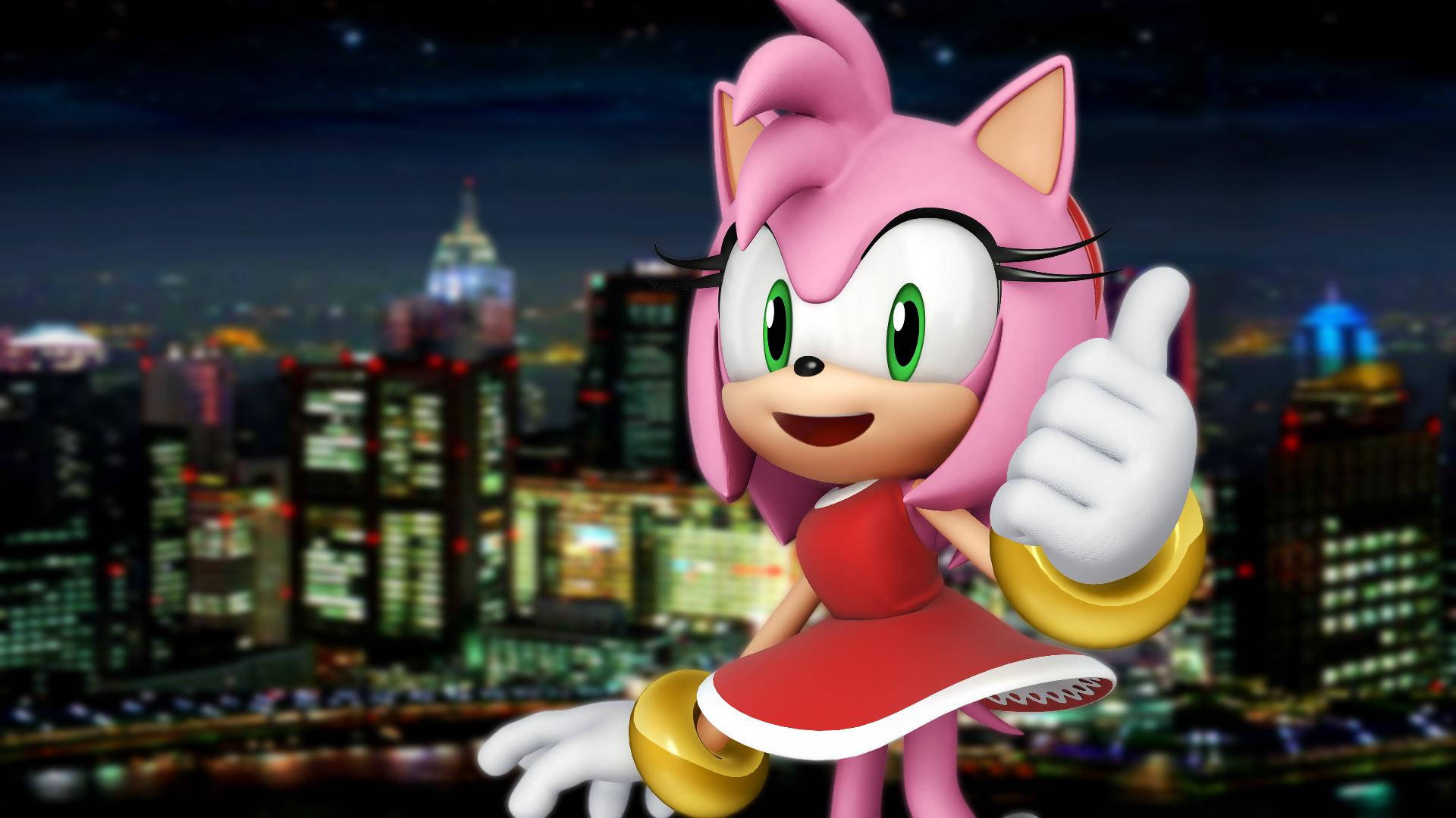 Amy Rose 激情高速公路藝術 壁紙 — 粉紅色刺蝟艾米·羅斯在夜晚發光的城市天際線前開心地豎起大拇指。