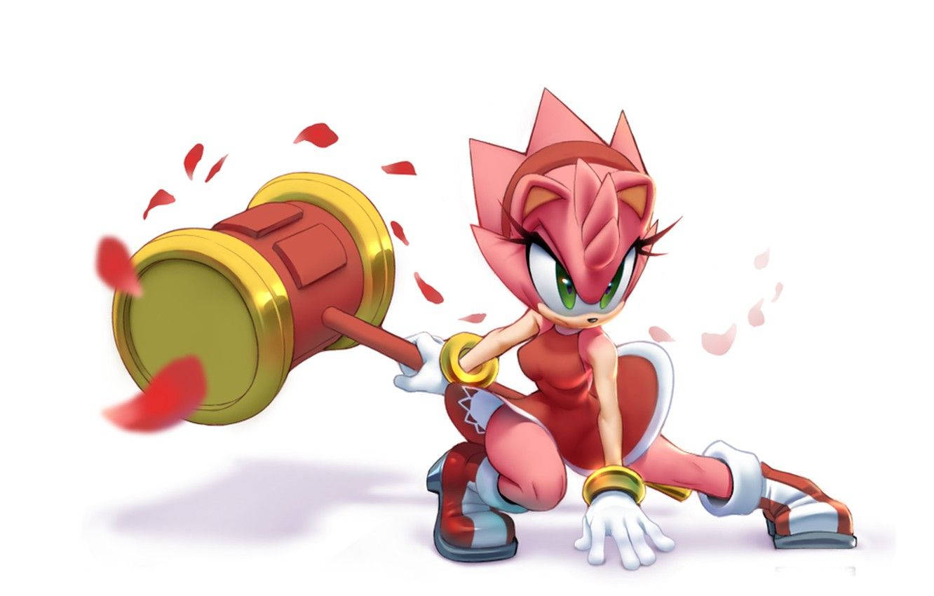 Amy Rose 概念藝術 壁紙 — 粉紅色刺蝟艾咪·蘿絲揮舞著她巨大的紅色和金色錘子，花瓣在她周圍飛舞，姿勢充滿動感。