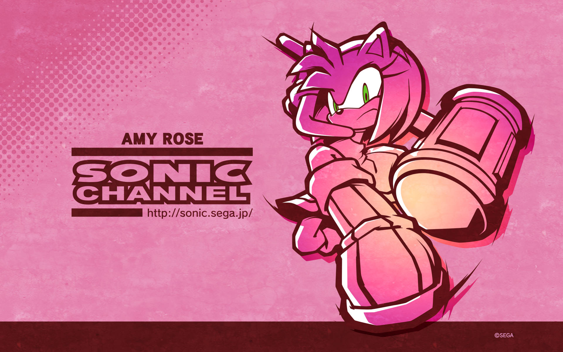 來自Sonic Channel的Amy Rose以粉紅色插圖風格握著她的錘子。