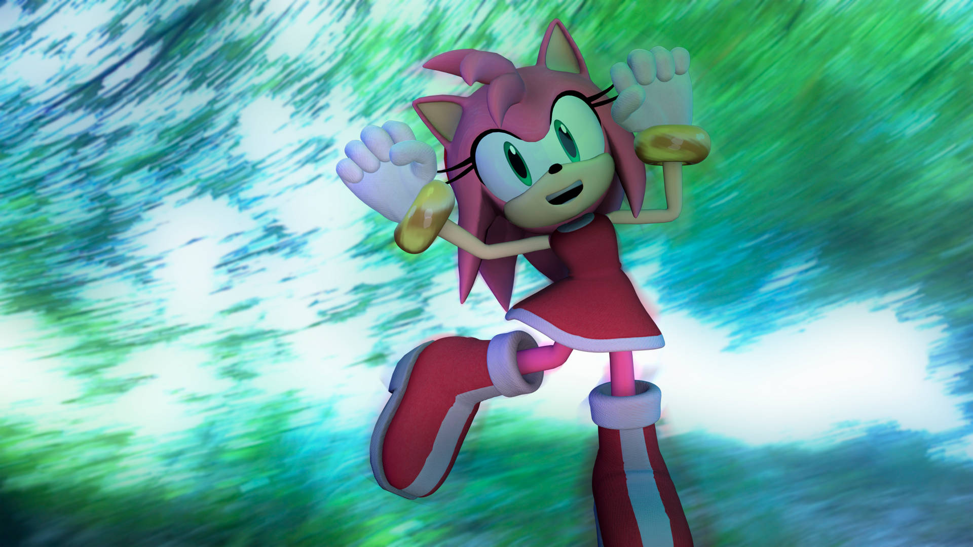 Amy Rose 穿著紅色連衣裙在動態模糊背景下快速奔跑