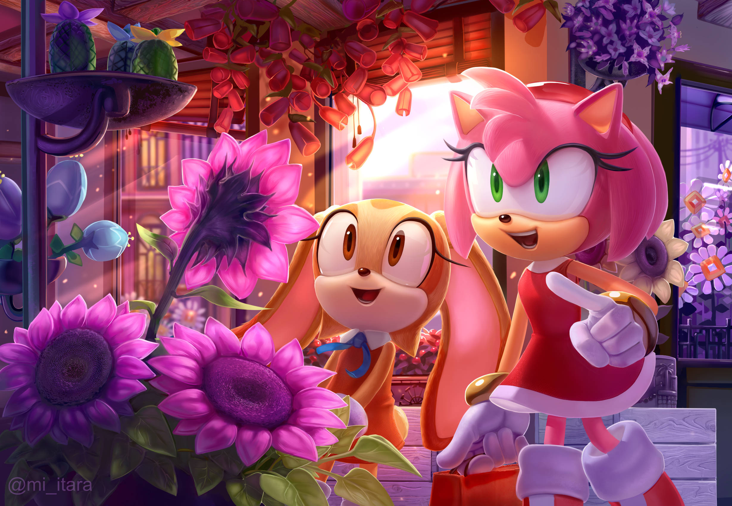 Amy Rose 與 Cream 花園 壁紙 — Amy Rose 和 Cream the Rabbit 在色彩繽紛的花園中，於充滿活力的紫色向日葵間愉快地微笑。