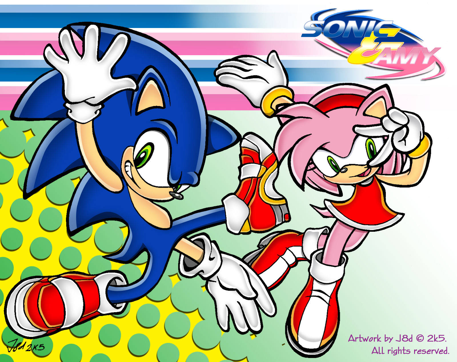 Sonic 和 Amy 帶著愉快表情在充滿活力的圖案背景上奔跑。