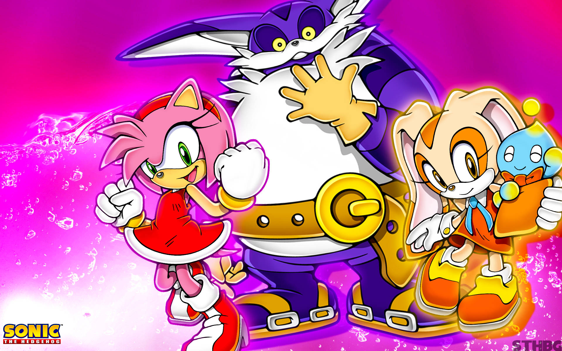 Sonic 角色 Amy、Tails 和 Knuckles 以色彩繽紛的動漫風格呈現，帶有發光效果。
