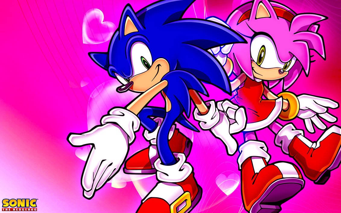 Sonic 與 Amy Rose 以俏皮的動漫風格姿勢搭配漂浮的心形。