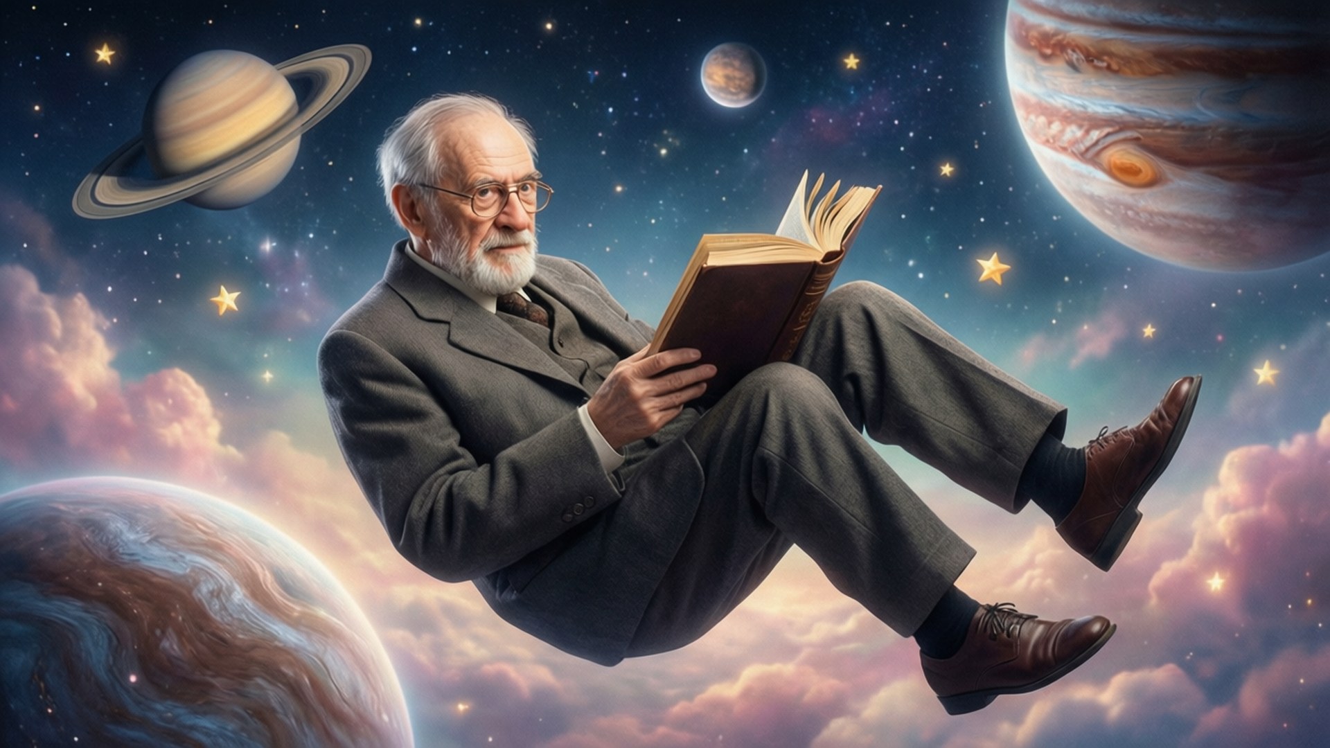 一位戴眼鏡的年長男性漂浮在色彩繽紛的行星和恆星之間閱讀一本書。