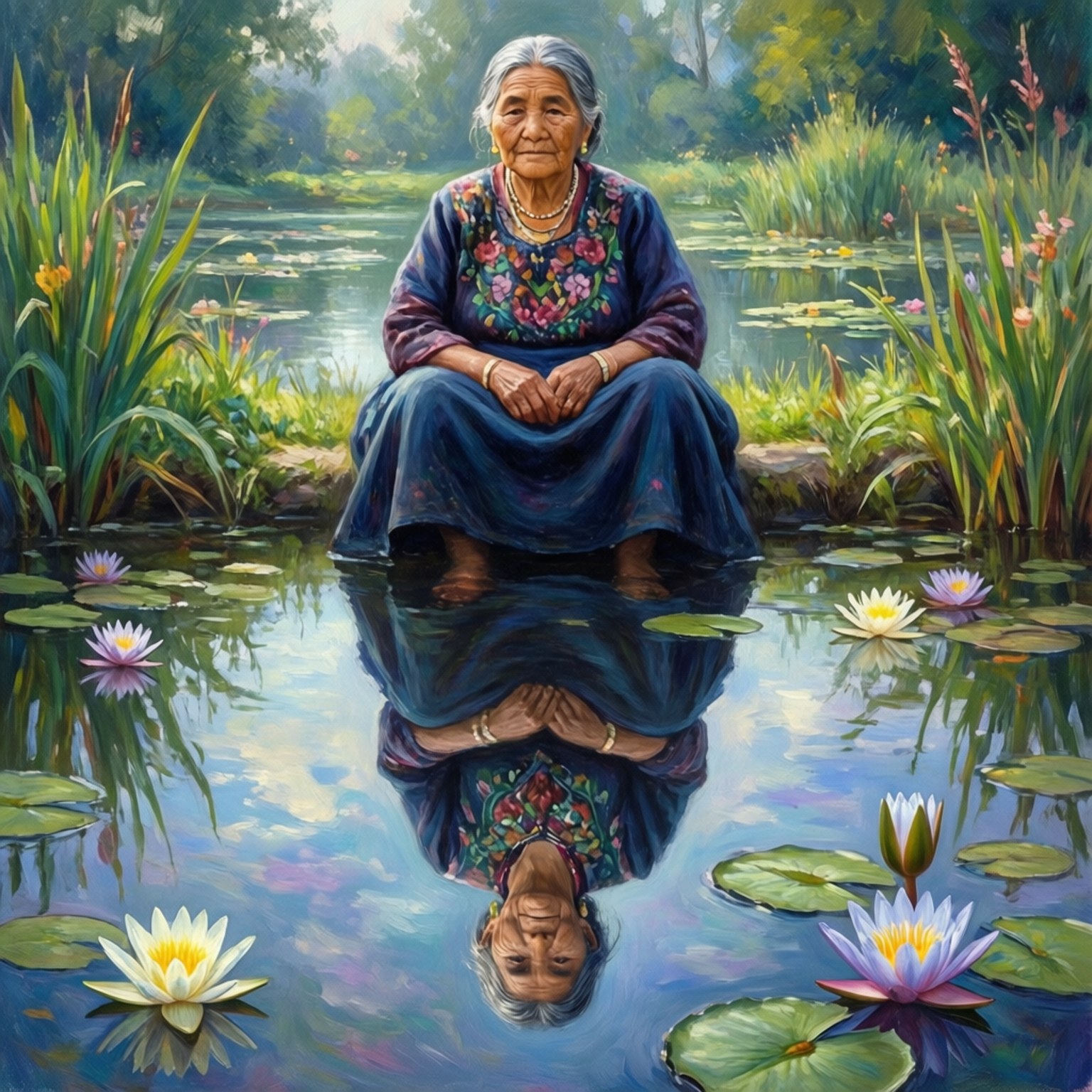 生命倒影 壁紙 — 一位身穿花卉服飾的老年女性，靜靜地坐在池塘邊，池塘中睡蓮和荷花之間倒映著她的身影。