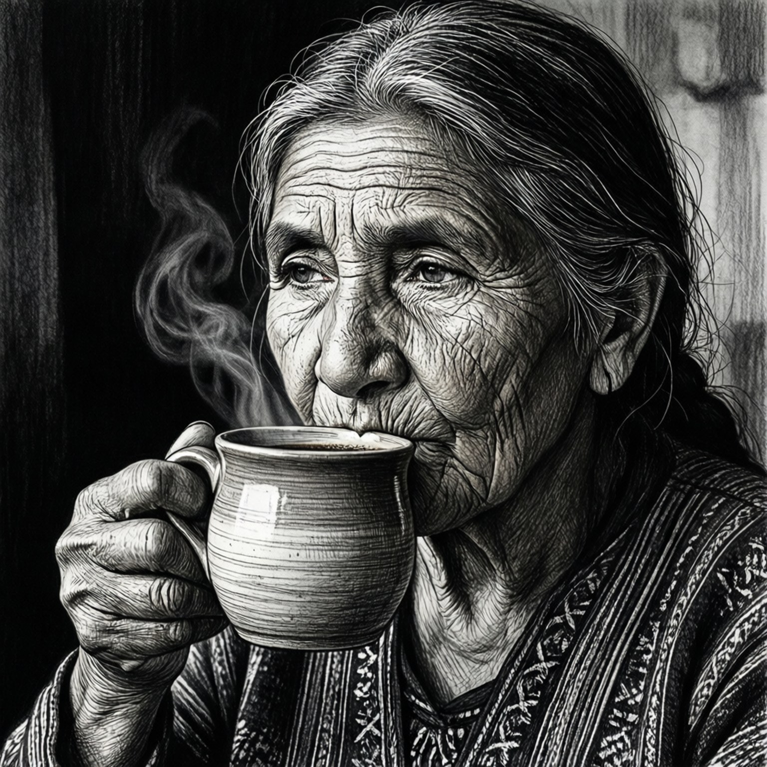 一位老婦人用陶瓷杯喝著冒煙的茶，一幅細節豐富的黑白肖像。