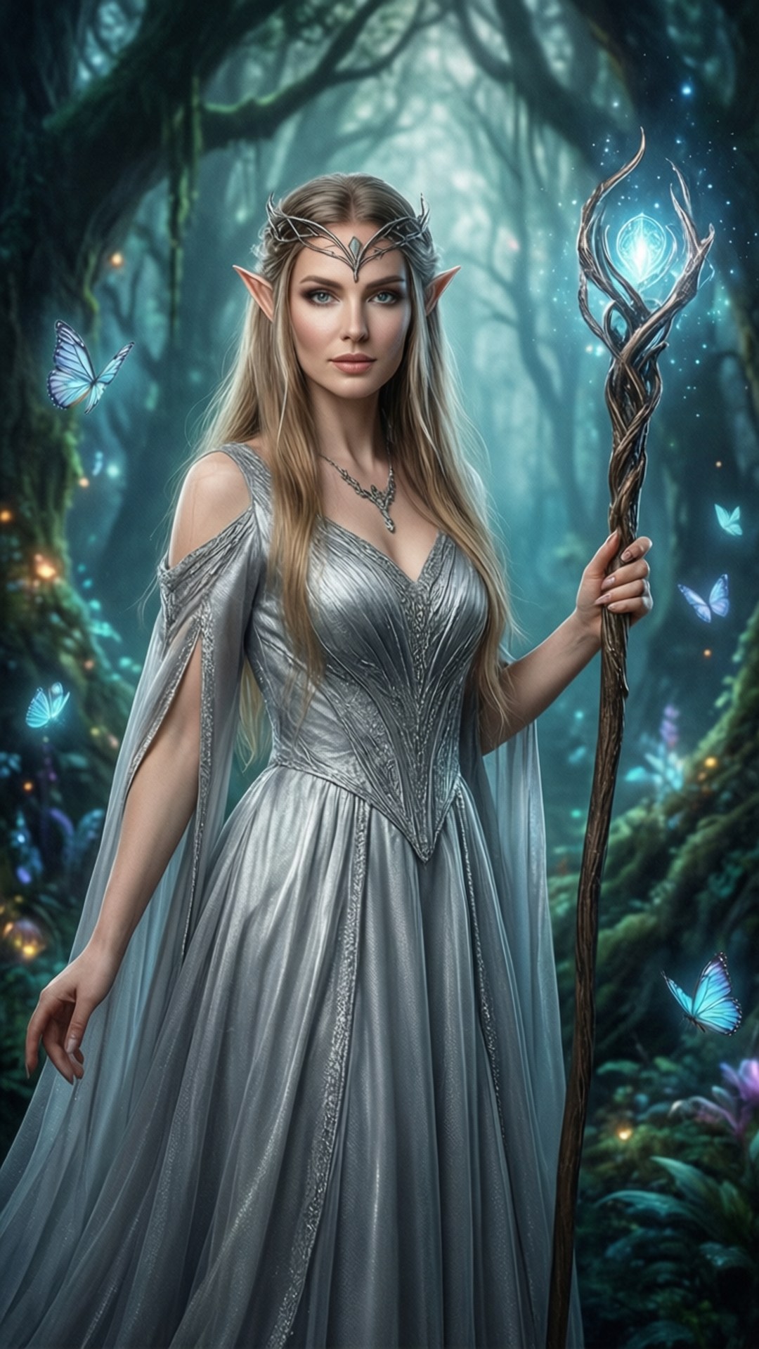 身穿銀色長袍的優雅精靈女王，在魔法森林中手持發光法杖，伴有蝴蝶。