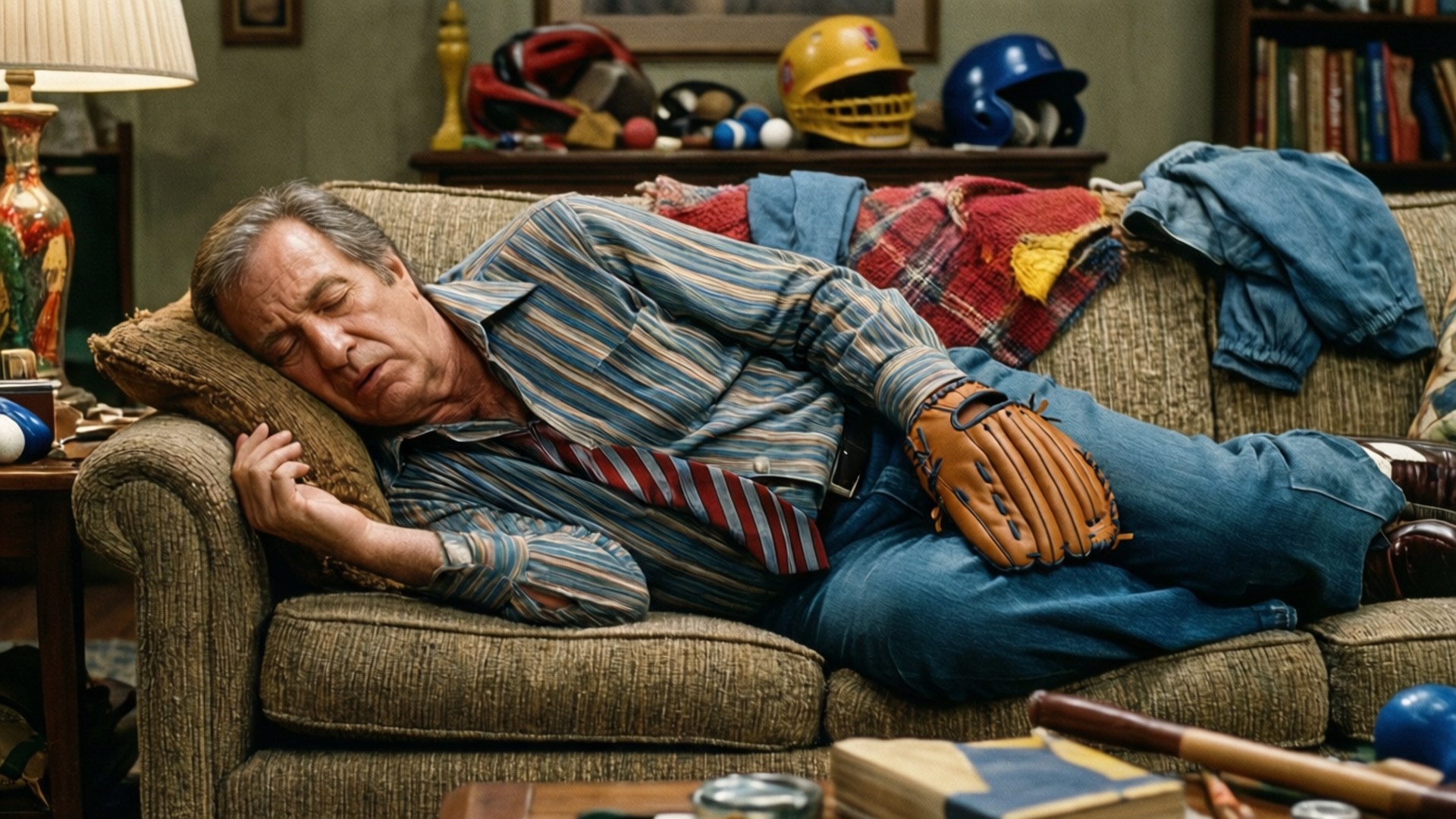 Oscar Napping 壁紙 — 一位年長男性在破舊的沙發上安睡，周圍是運動裝備和雜亂的家具。