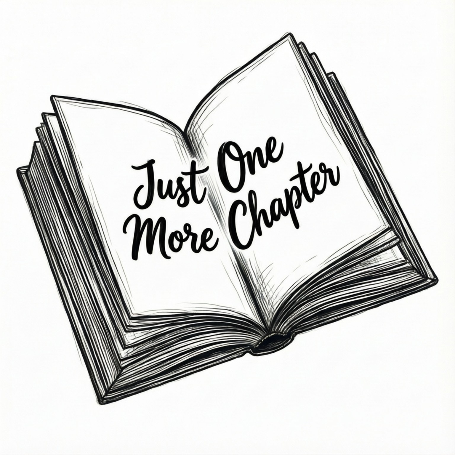 打開的書，帶有文字 Just One More Chapter，鼓勵閱讀。