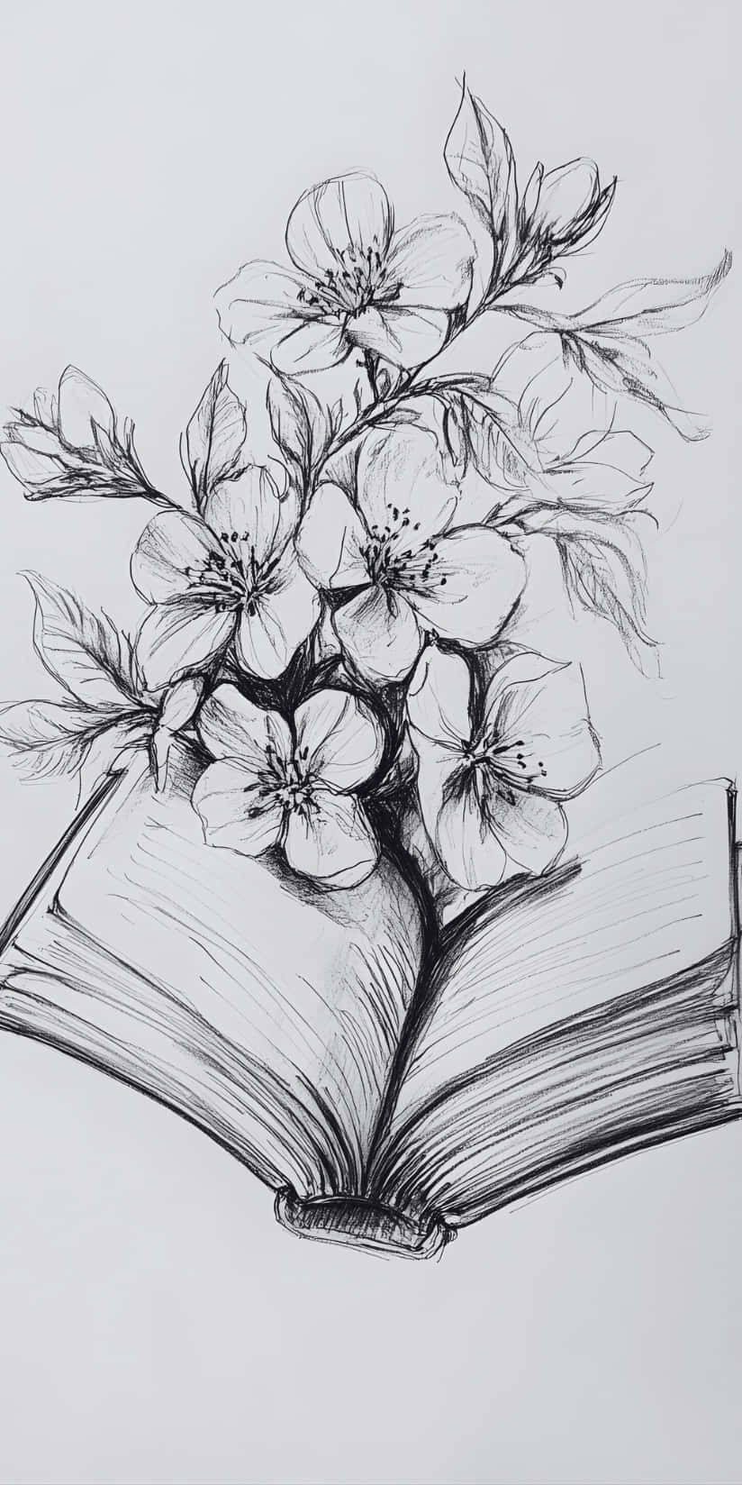  壁紙 — 一本打開的書本，從書頁中長出精緻盛開的花朵和葉子，以詳細的黑白素描呈現。