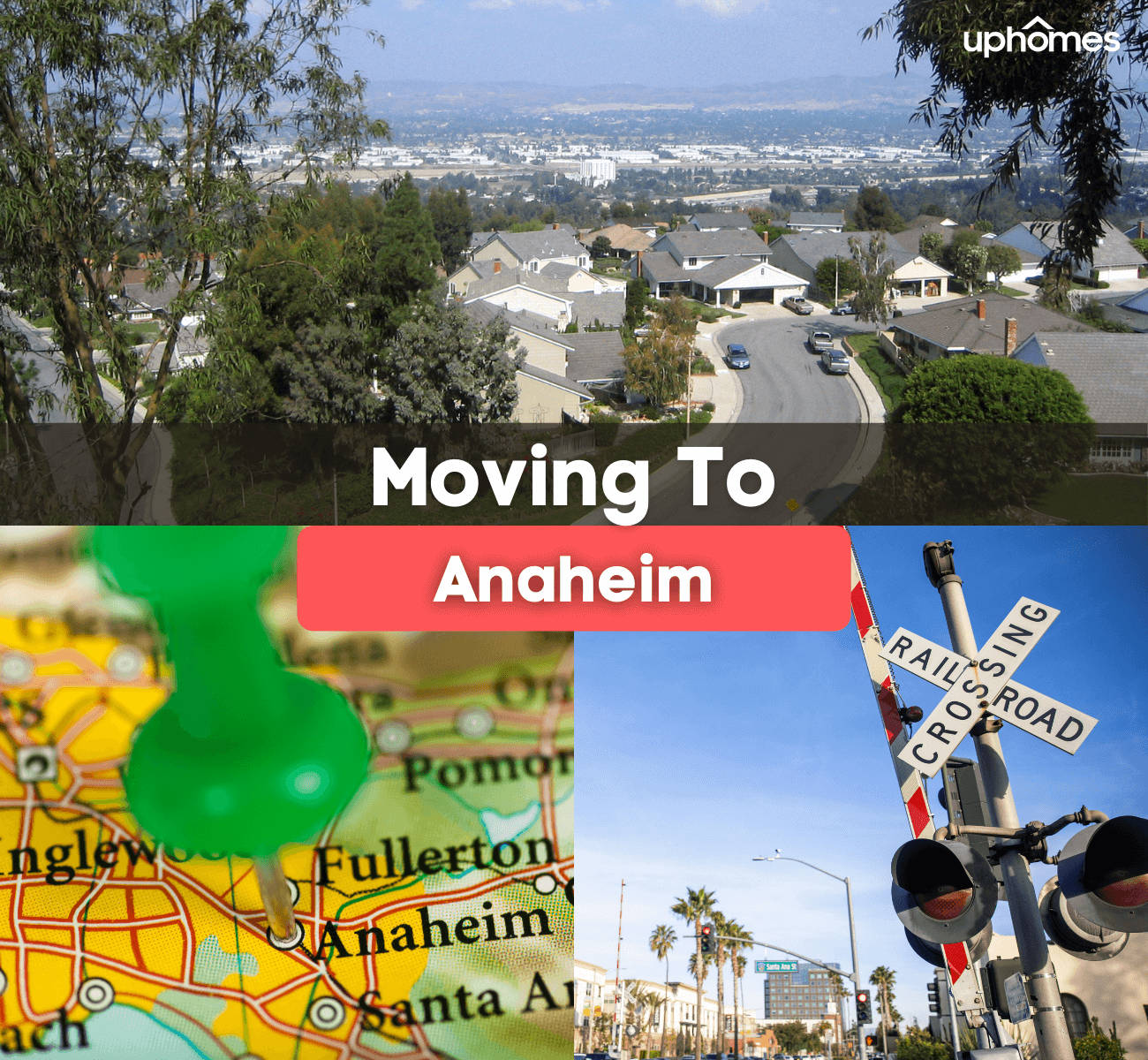 Anaheim 有太多值得探索 壁紙 — 拼貼畫展示阿納海姆的地圖圖釘、郊區房屋和藍天下嘅鐵路平交道。